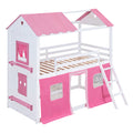 Twin Size Bunk Wood House Bed With Elegant Windows, Sills And Tent, Pink White Twin Pink White Solid Wood Mdf