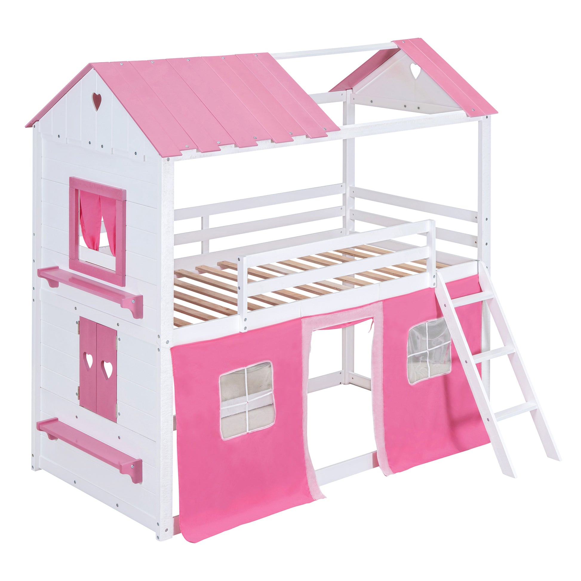 Twin Size Bunk Wood House Bed With Elegant Windows, Sills And Tent, Pink White Twin Pink White Solid Wood Mdf