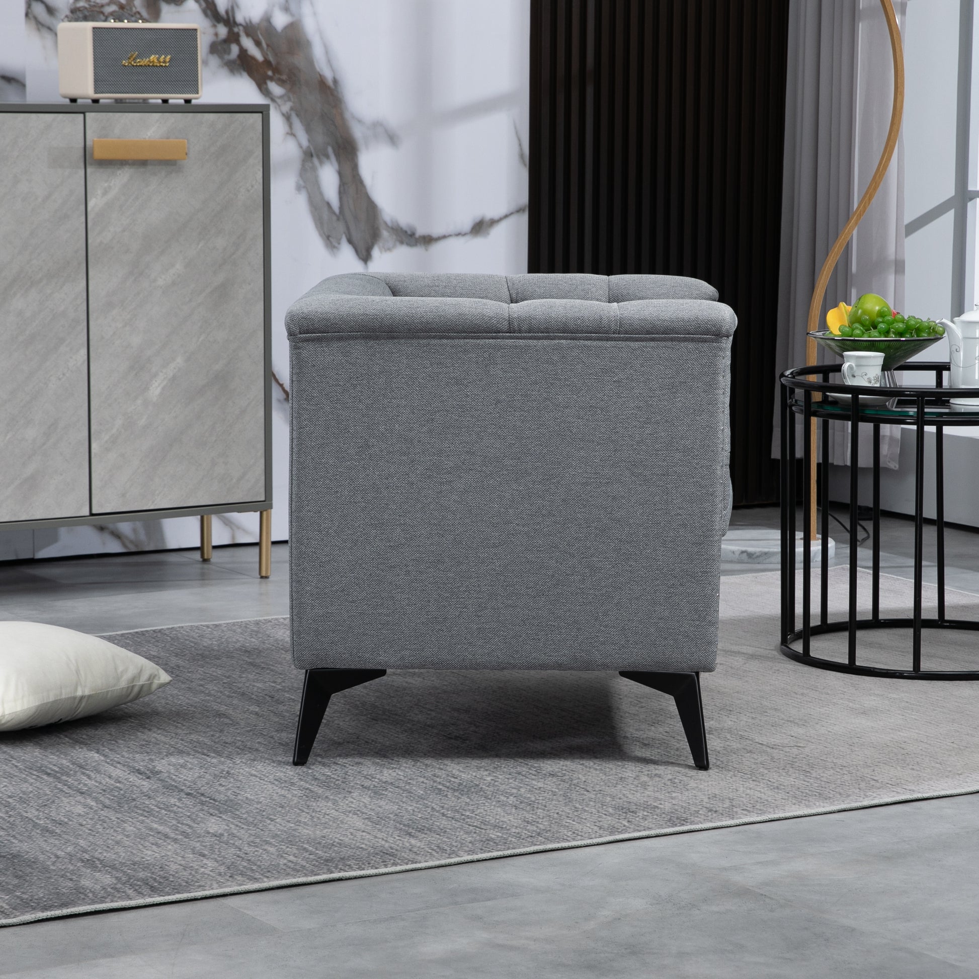 Accent Chair Living Room Chairs Single Sofa Chair,Arm Chairs With Linen Fabric, Mid Century Accent Arm Chairs Comfy Reading Lounge Club Armchair For Bedroom Office Study Gray Metal