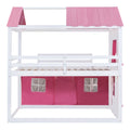 Full Size Bunk Wood House Bed With Elegant Windows, Sills And Tent, Pink White White Pink Solid Wood Mdf