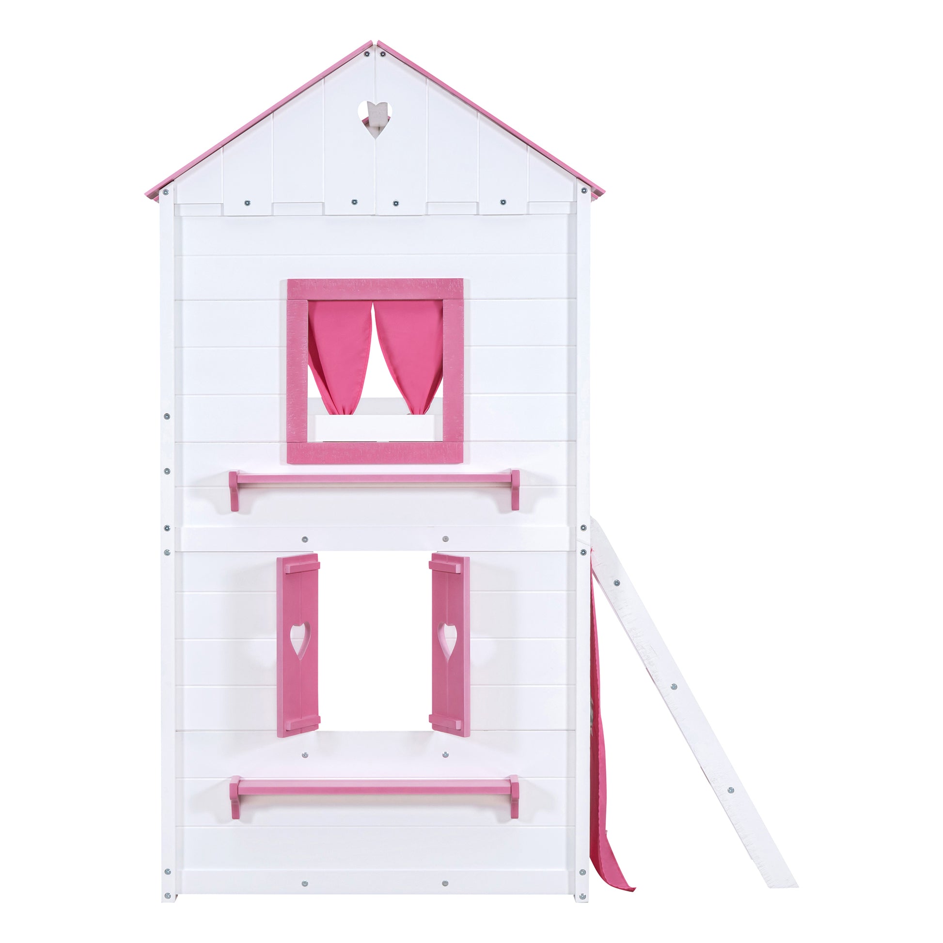 Twin Size Bunk Wood House Bed With Elegant Windows, Sills And Tent, Pink White Twin Pink White Solid Wood Mdf