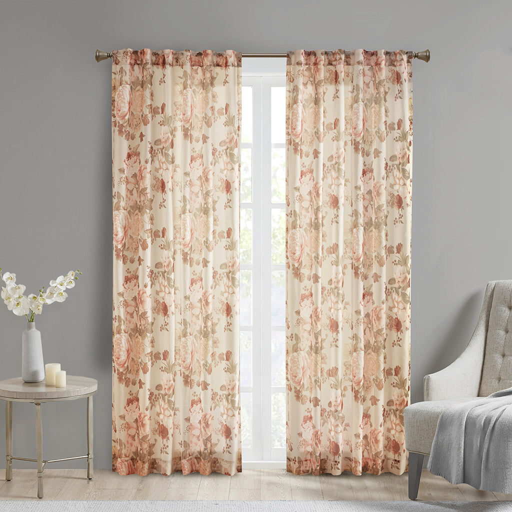 Printed Floral Rod Pocket And Back Tab Voile Sheer Curtain Only 1 Pc Panel Multicolor Polyester