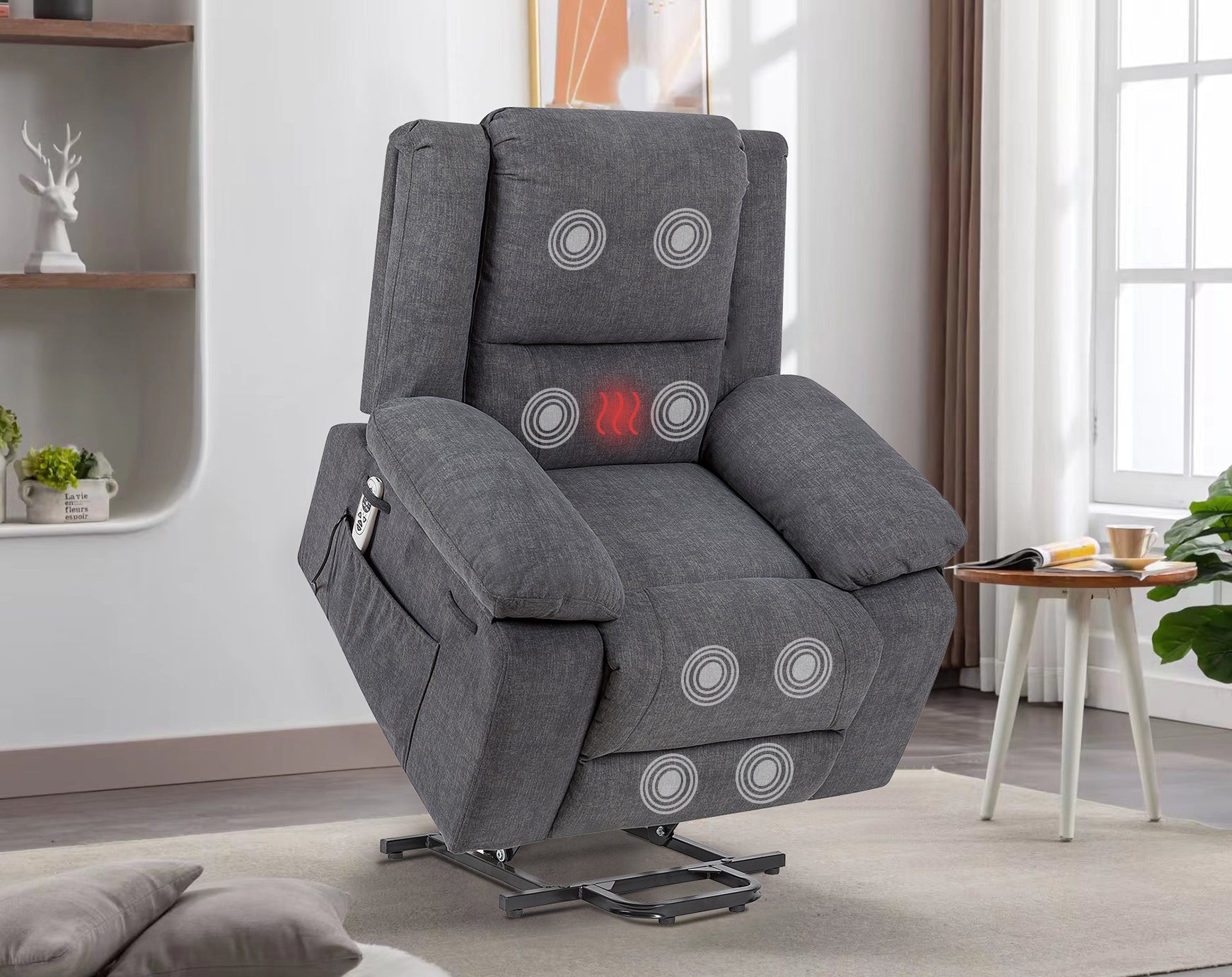 Electric Power Recliner Chair With Massage For Elderly ,Remote Control Multi Function Lifting, Timing, Cushion Heating Chair With Side Pocket Dark Grey Dark Grey Power Remote Metal Primary Living Space Soft American Design Pillow Top Arms Cat Scratch