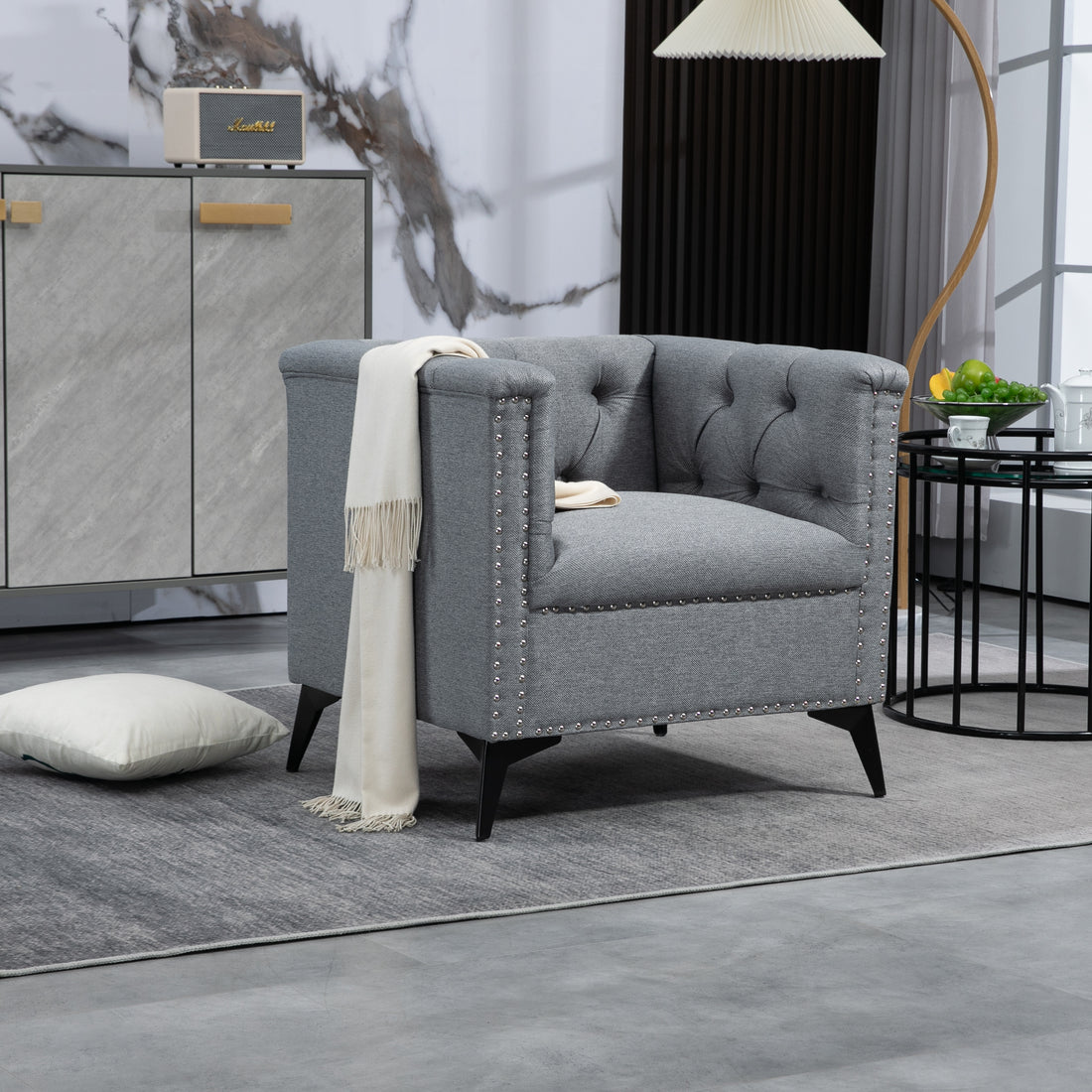 Accent Chair Living Room Chairs Single Sofa Chair,Arm Chairs With Linen Fabric, Mid Century Accent Arm Chairs Comfy Reading Lounge Club Armchair For Bedroom Office Study Gray Metal