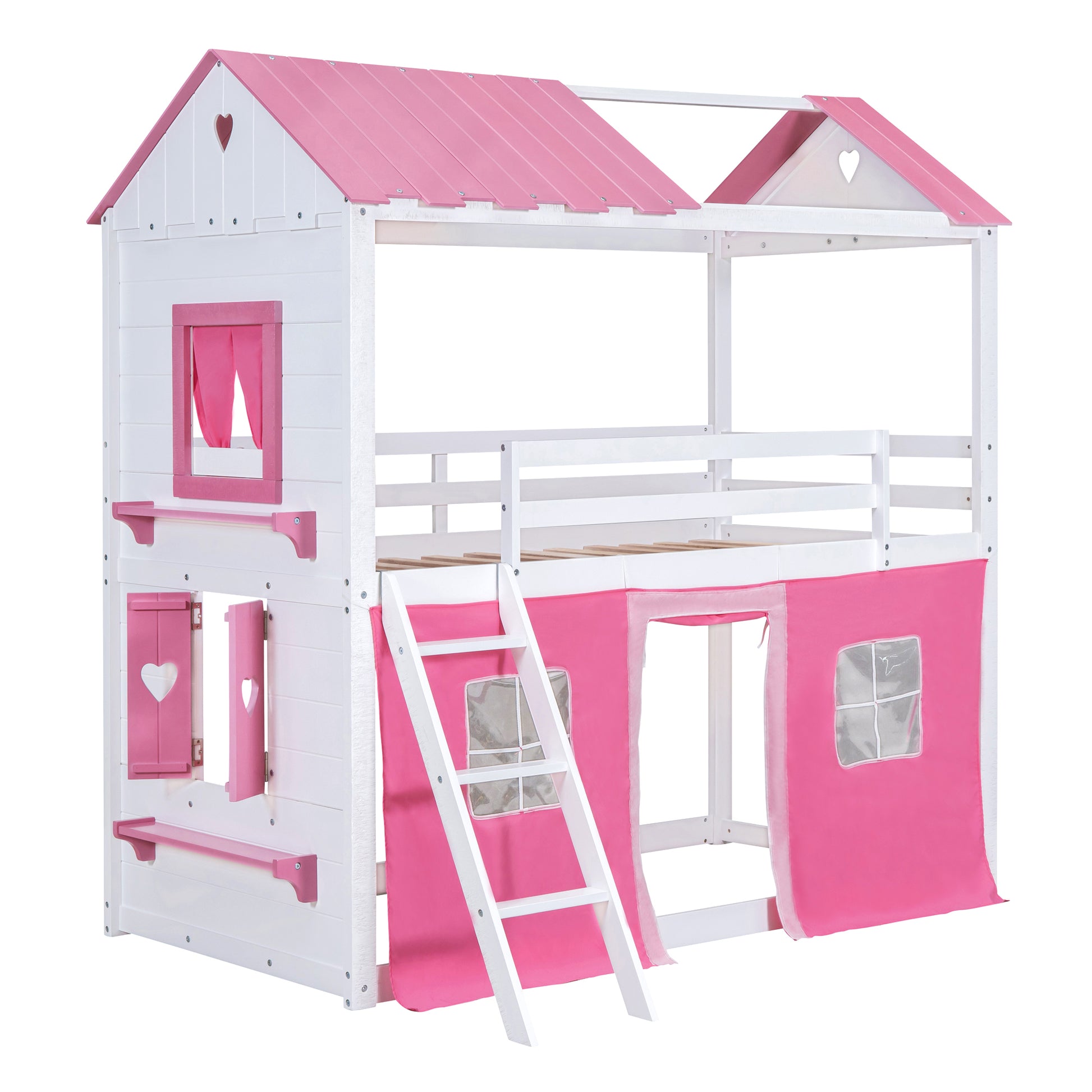 Twin Size Bunk Wood House Bed With Elegant Windows, Sills And Tent, Pink White Twin Pink White Solid Wood Mdf