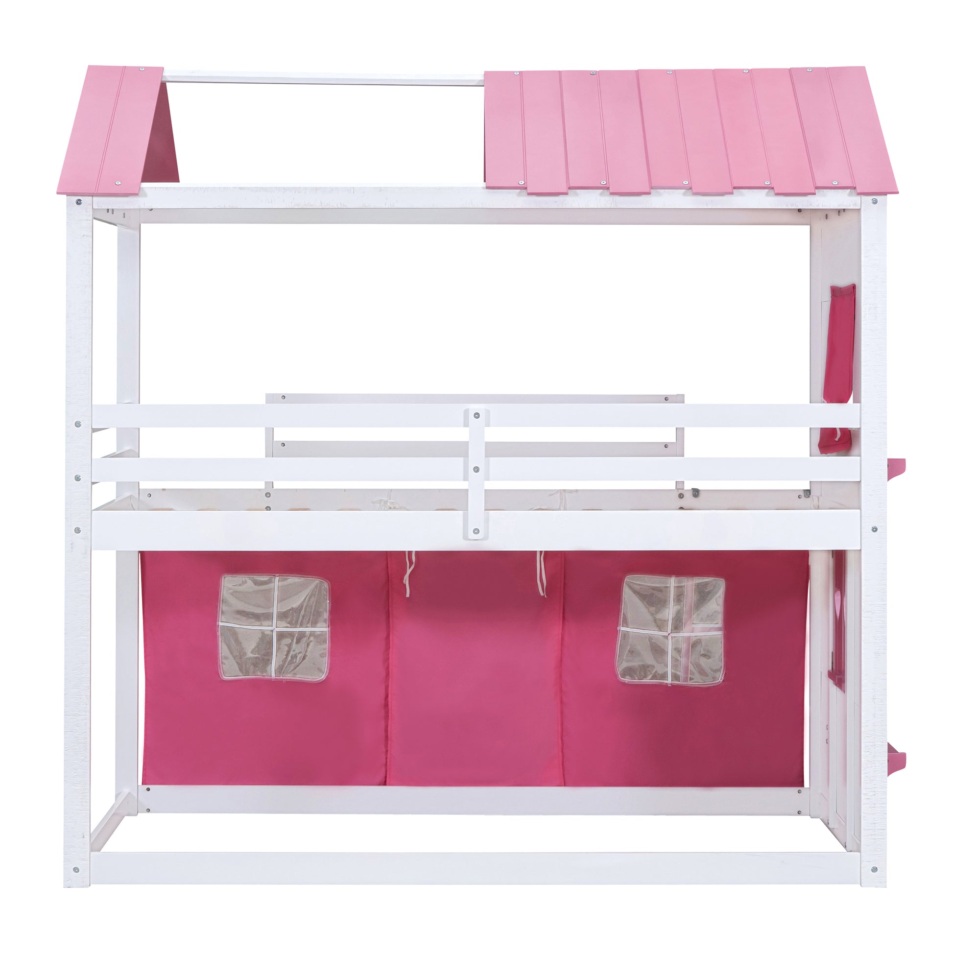 Twin Size Bunk Wood House Bed With Elegant Windows, Sills And Tent, Pink White Twin Pink White Solid Wood Mdf