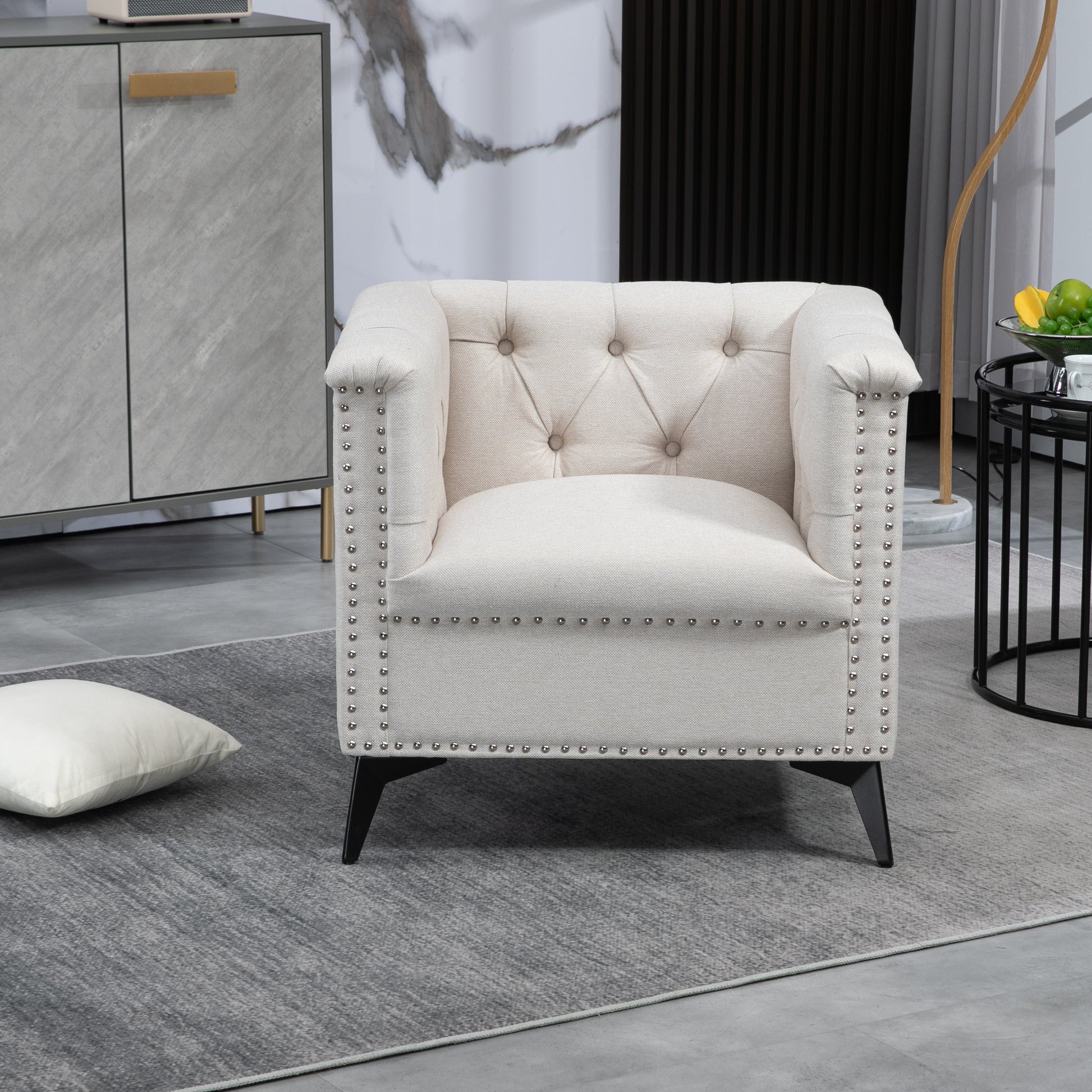 Accent Chair Living Room Chairs Single Sofa Chair,Arm Chairs With Linen Fabric, Mid Century Accent Arm Chairs Comfy Reading Lounge Club Armchair For Bedroom Office Study Beige Metal