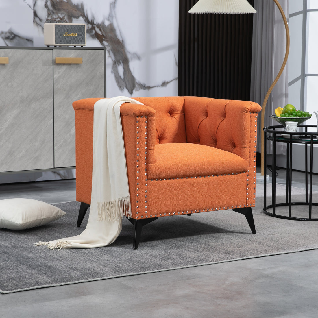 Accent Chair Living Room Chairs Single Sofa Chair,Arm Chairs With Linen Fabric, Mid Century Accent Arm Chairs Comfy Reading Lounge Club Armchair For Bedroom Office Study Orange Metal