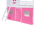 Full Size Bunk Wood House Bed With Elegant Windows, Sills And Tent, Pink White White Pink Solid Wood Mdf