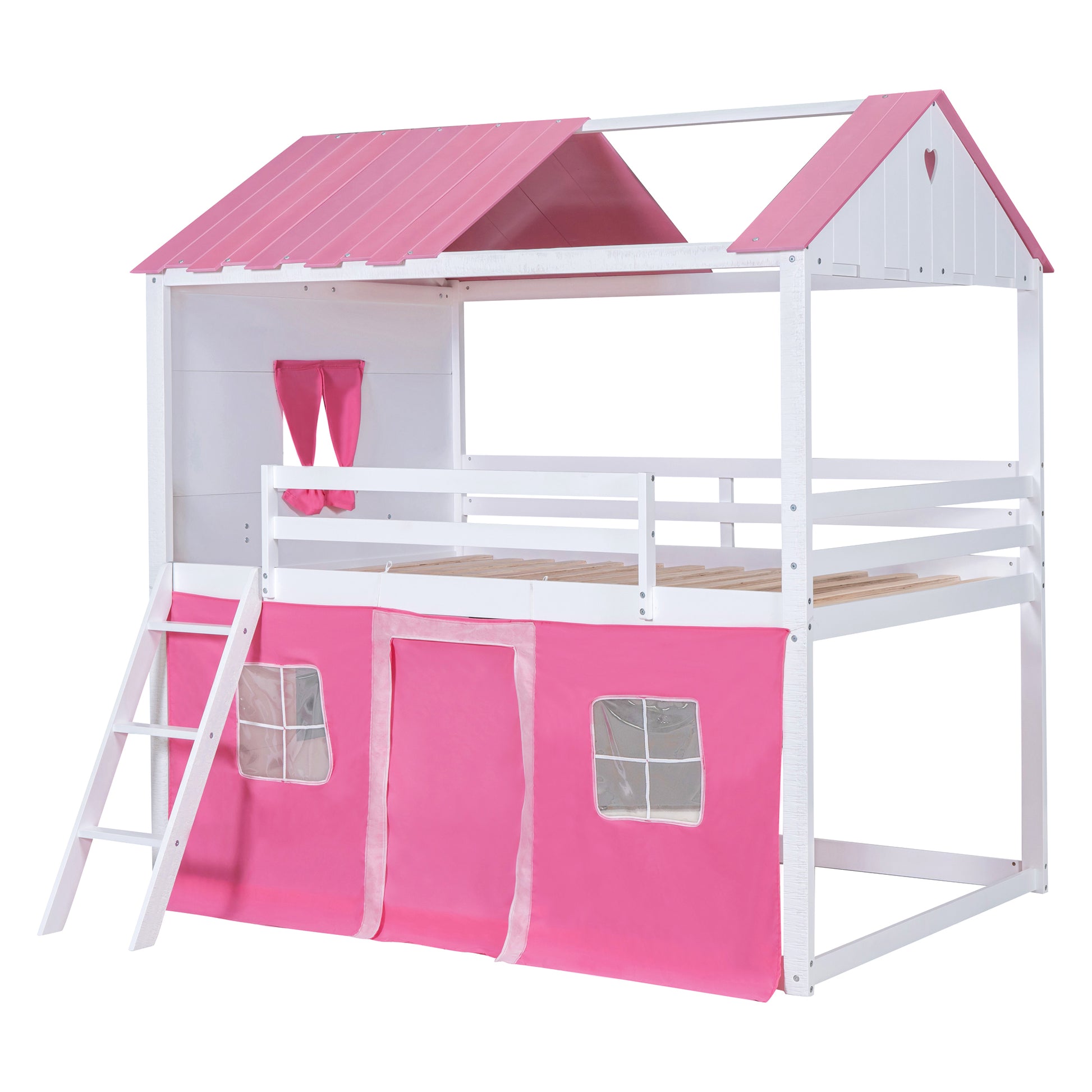 Full Size Bunk Wood House Bed With Elegant Windows, Sills And Tent, Pink White White Pink Solid Wood Mdf