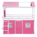 Twin Size Bunk Wood House Bed With Elegant Windows, Sills And Tent, Pink White Twin Pink White Solid Wood Mdf