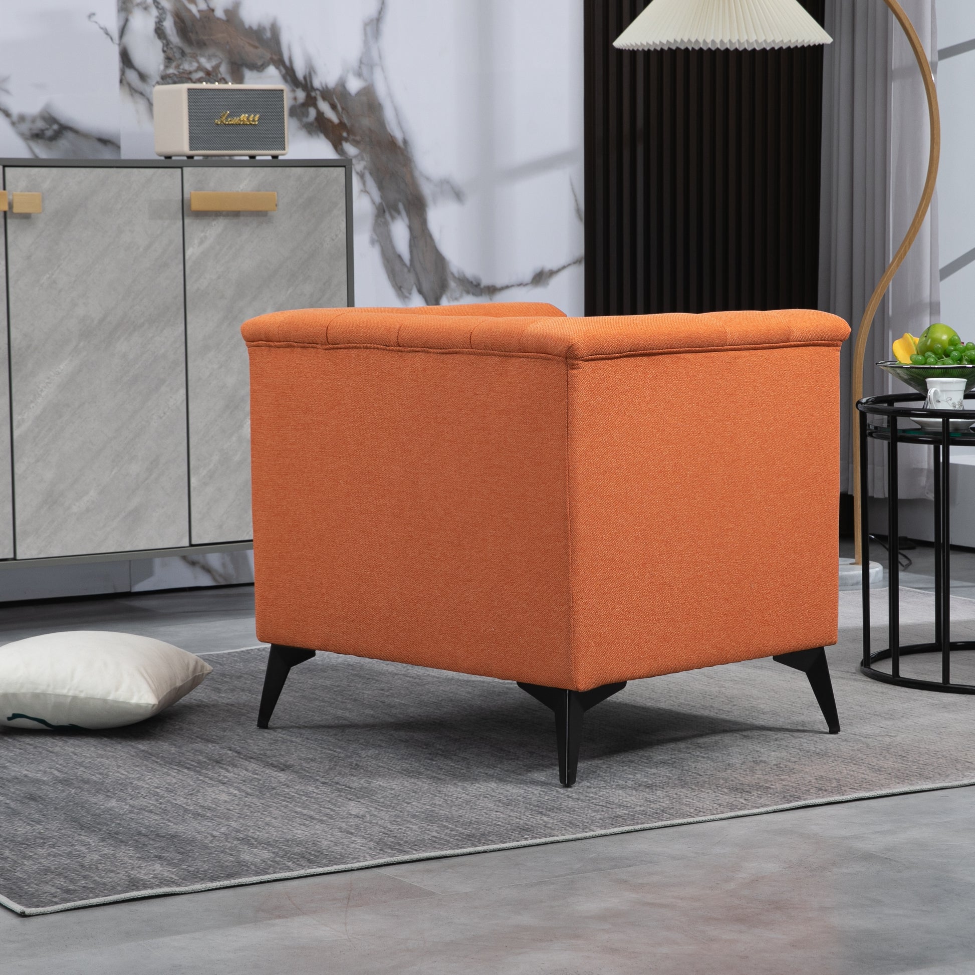 Accent Chair Living Room Chairs Single Sofa Chair,Arm Chairs With Linen Fabric, Mid Century Accent Arm Chairs Comfy Reading Lounge Club Armchair For Bedroom Office Study Orange Metal