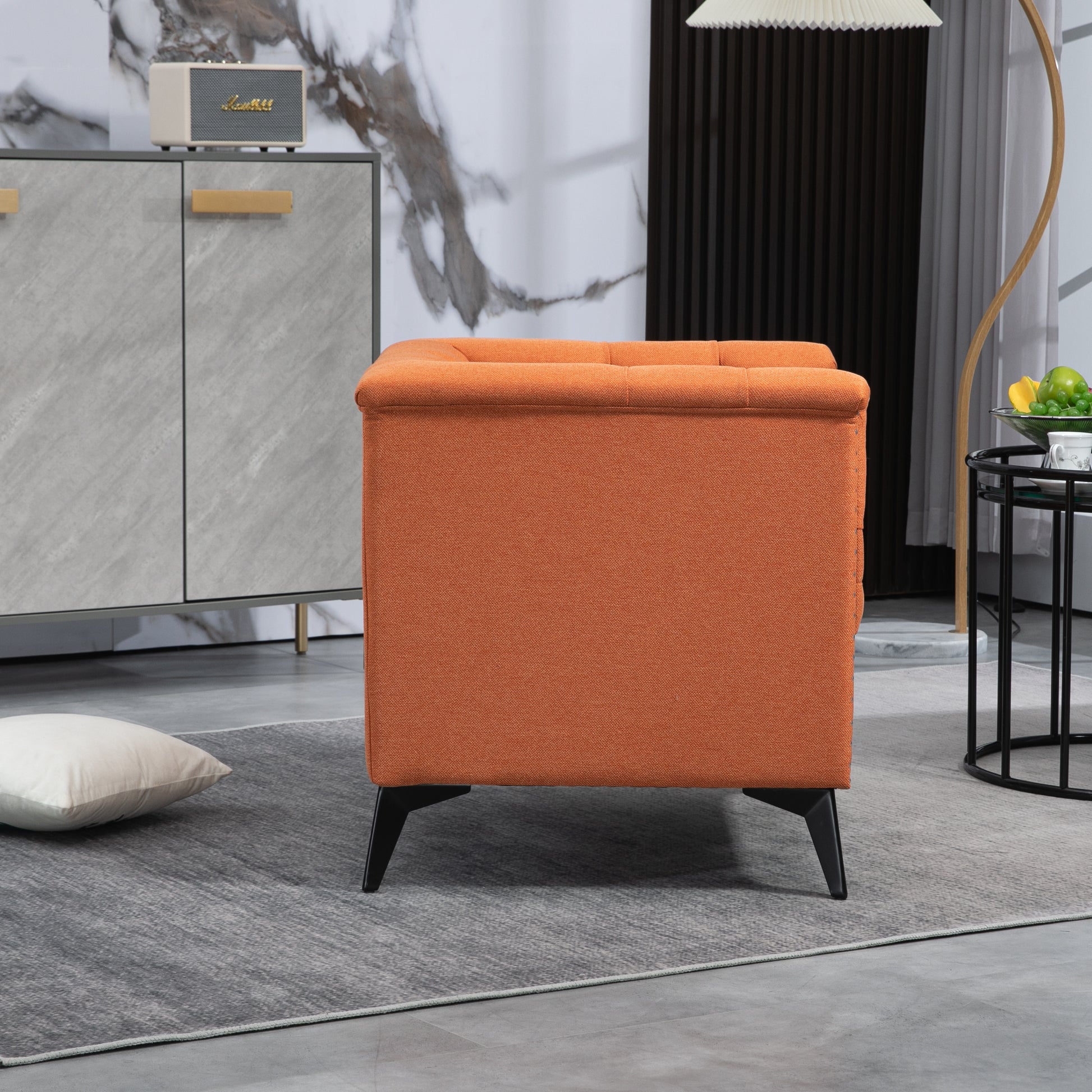 Accent Chair Living Room Chairs Single Sofa Chair,Arm Chairs With Linen Fabric, Mid Century Accent Arm Chairs Comfy Reading Lounge Club Armchair For Bedroom Office Study Orange Metal