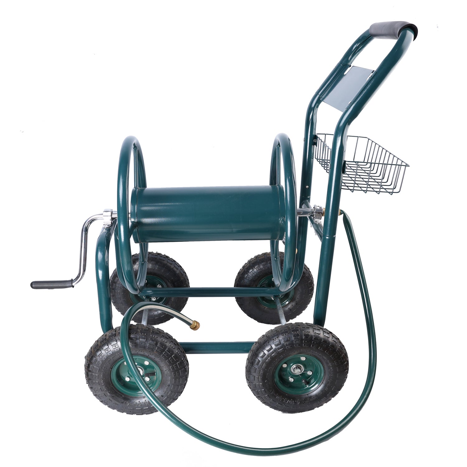 Garden Hose Reel Cart 4 Wheels Portable Garden Hose Reel Cart With Storage Basket Rust Resistant Heavy Duty Water Hose Holder Green Abs Rubber Steel Q235