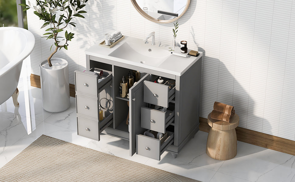 Contemporary Gray Bathroom Vanity Cabinet 36X18X34 Inches, 4 Drawers & 1 Cabinet Door, Multipurpose Storage, Resin Integrated Sink, Adjustable Shelves, Solid Wood Frame With Mdf Gray Modern Solid Wood Mdf Resin