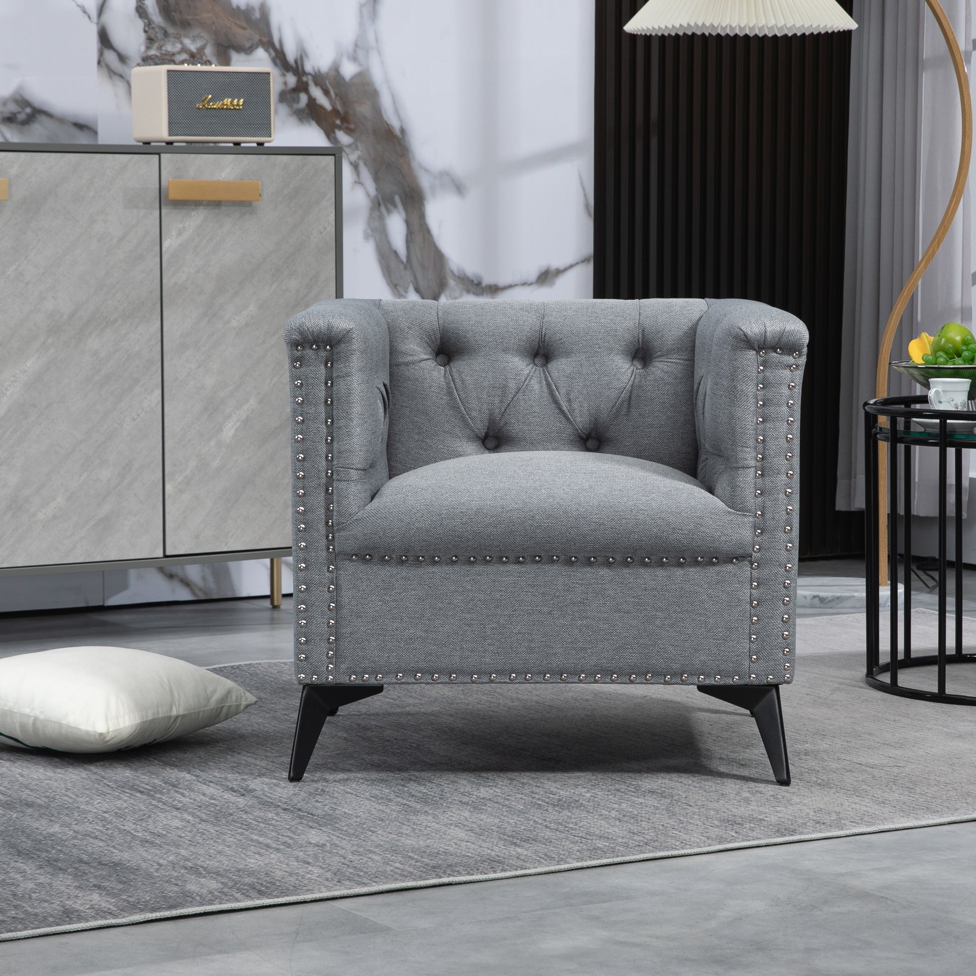 Accent Chair Living Room Chairs Single Sofa Chair,Arm Chairs With Linen Fabric, Mid Century Accent Arm Chairs Comfy Reading Lounge Club Armchair For Bedroom Office Study Gray Metal