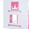 Full Size Bunk Wood House Bed With Elegant Windows, Sills And Tent, Pink White White Pink Solid Wood Mdf