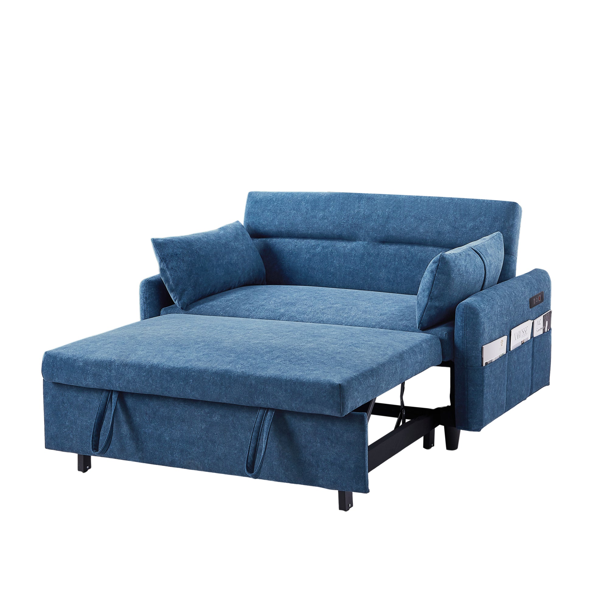 55.1" Pull Out Sleep Sofa Bed Loveseats Sofa Couch With Adjsutable Backrest, Storage Pockets, 2 Soft Pillows, Usb Ports For Living Room, Bedroom, Apartment, Office, Blue Old Sku: Wf315689Aac Blue Foam Microfiber 2 Seat