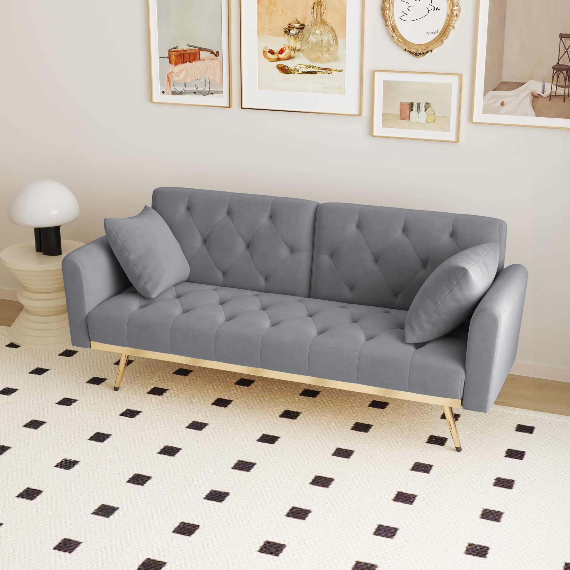 68.3" Gray Velvet Nail Head Sofa Bed With Throw Pillow And Midfoot Gray Foam Velvet 2 Seat