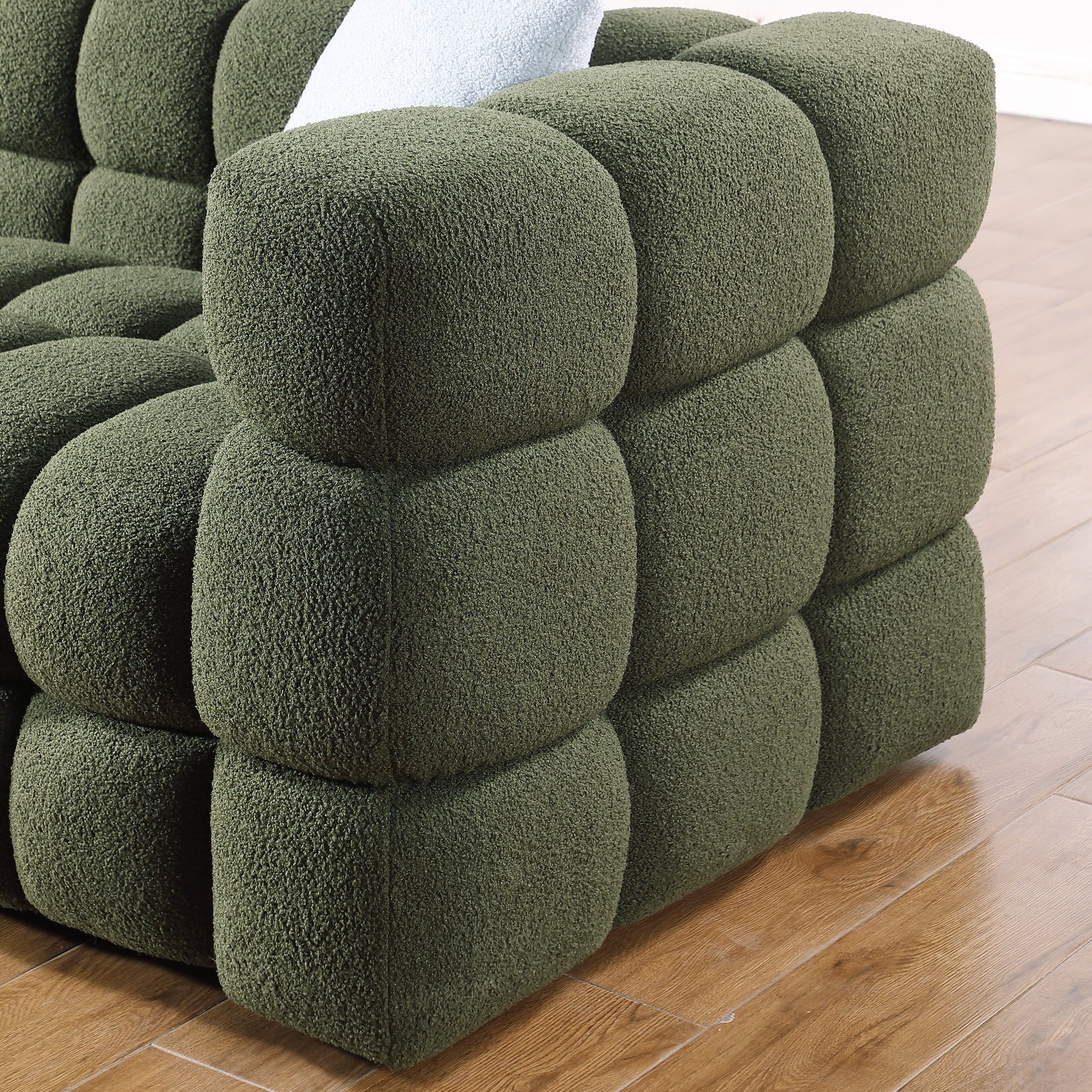 84.3 62.2 Length ,35.83" Deepth ,Human Body Structure For Usa People, Marshmallow Sofa,Boucle Sofa ,Olive Green Color,3 Seater. Sofa And Seater Olive Green Light Brown Wood Primary Living Space Medium Soft Split Back Eucalyptus Square Arms Boucle 5 Seat