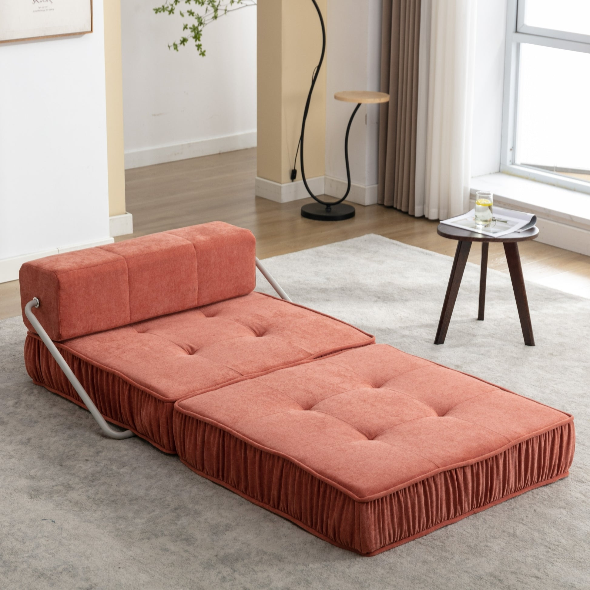 Folding Sofa Bed, Futon Sleeper Chair, Convertible Chair Floor Couch & Sleeping Mattress For Living Room, Guest Room, Home Office, Apartment, Small Space, Bed, Removable Back Cushion, Orange, 1 Seat Orange Chenille Primary Living Space Pillow Back Soft