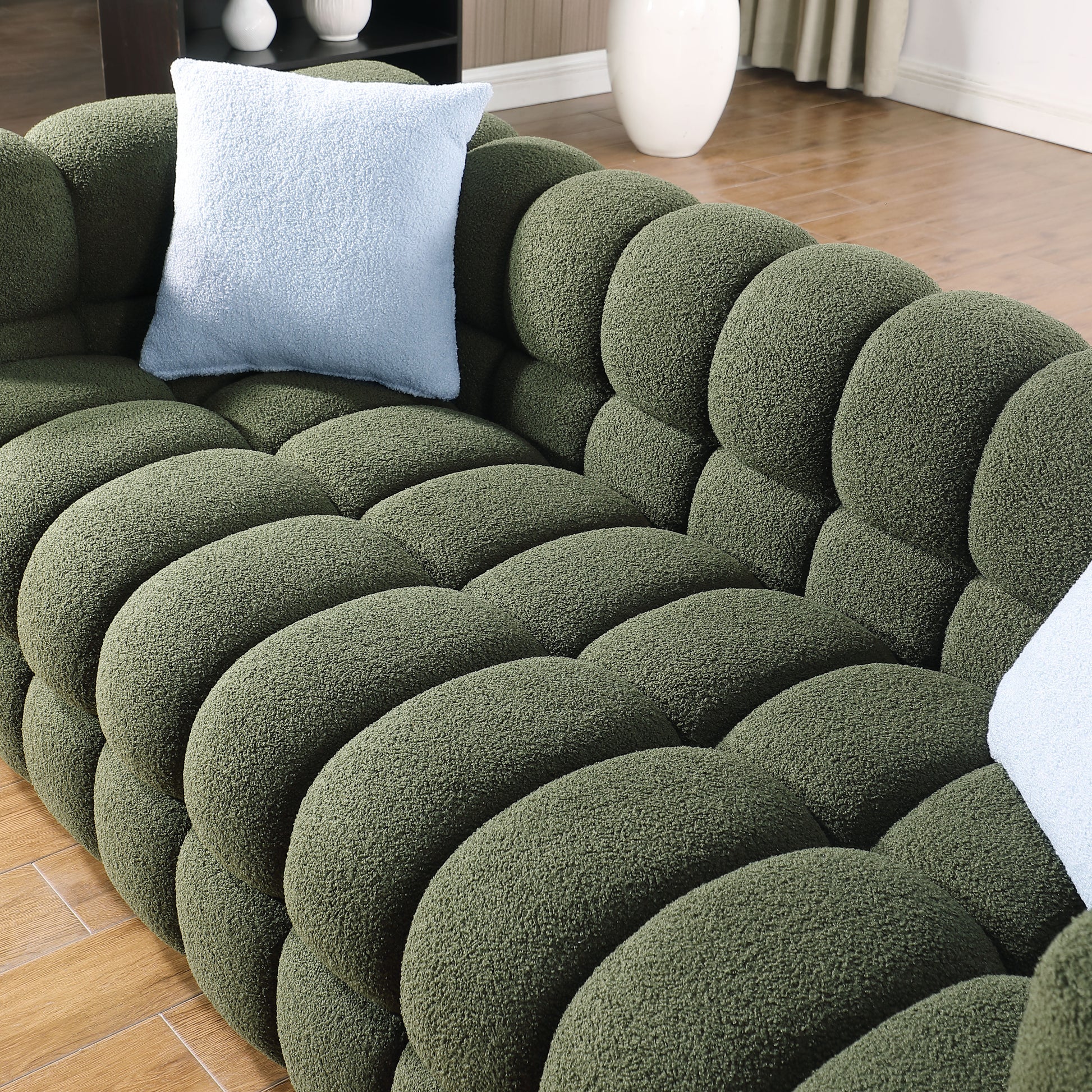 84.3 62.2 Length ,35.83" Deepth ,Human Body Structure For Usa People, Marshmallow Sofa,Boucle Sofa ,Olive Green Color,3 Seater. Sofa And Seater Olive Green Light Brown Wood Primary Living Space Medium Soft Split Back Eucalyptus Square Arms Boucle 5 Seat