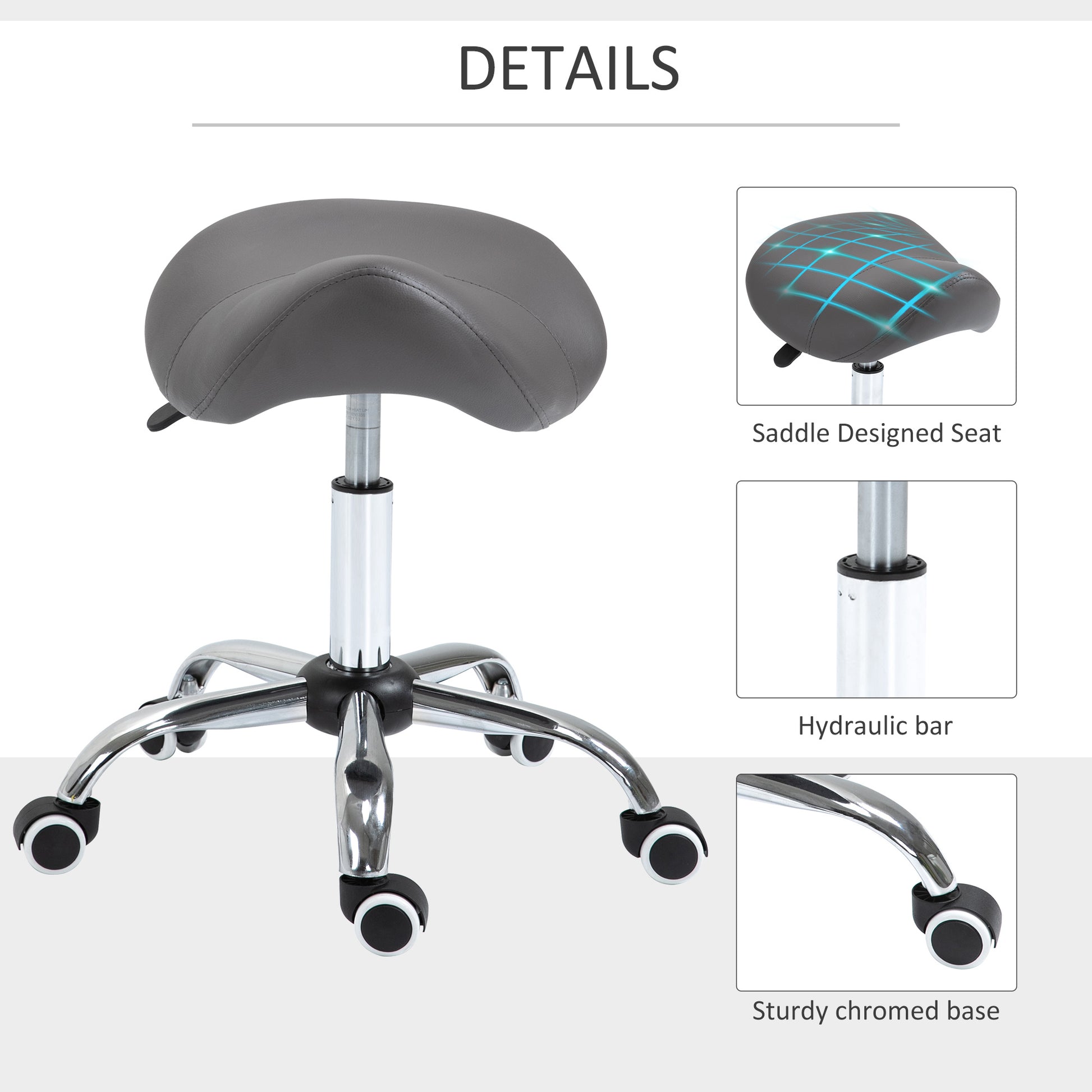 Ergonomic Rolling Saddle Stool Pu Leather Hydraulic Spa Stool Height Adjustable Swivel Drafting Medical Salon Chair, Grey Grey Faux Leather