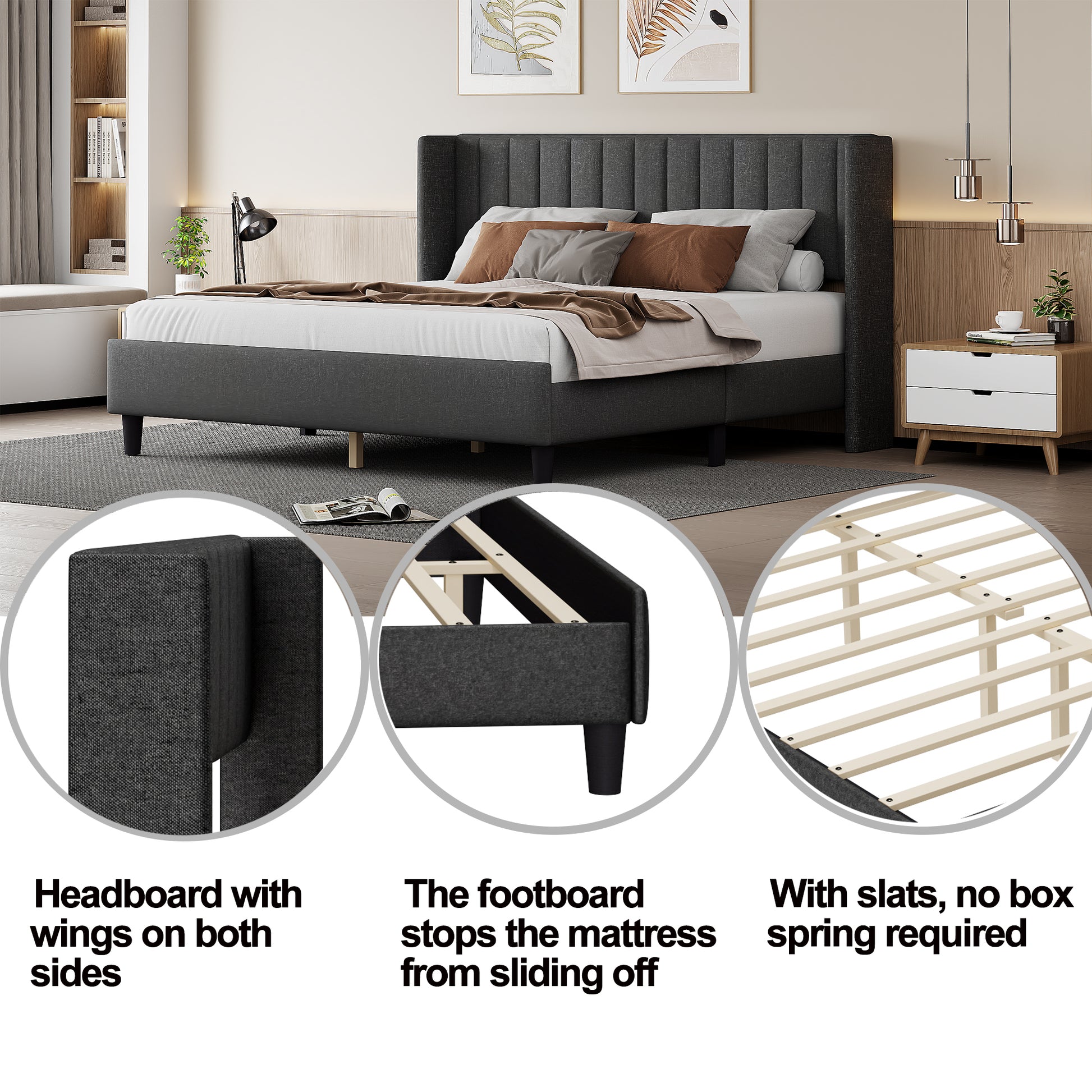 King Size Upholstered Platform Bed Frame With Headboard, Mattress Foundation, Wood Slat Support, Quiet, No Box Spring Needed, Easy To Assemble Black Black Wood