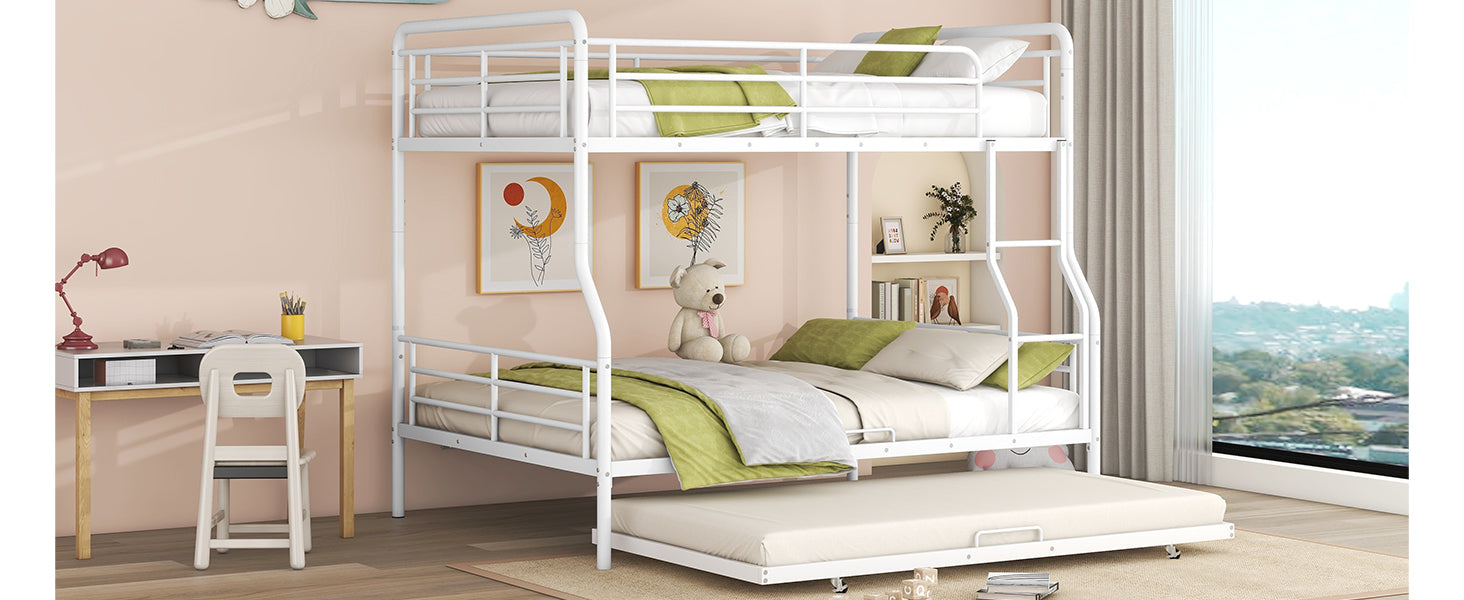 Full Xl Over Queen Metal Bunk Bed With Twin Size Trundle, White White Iron