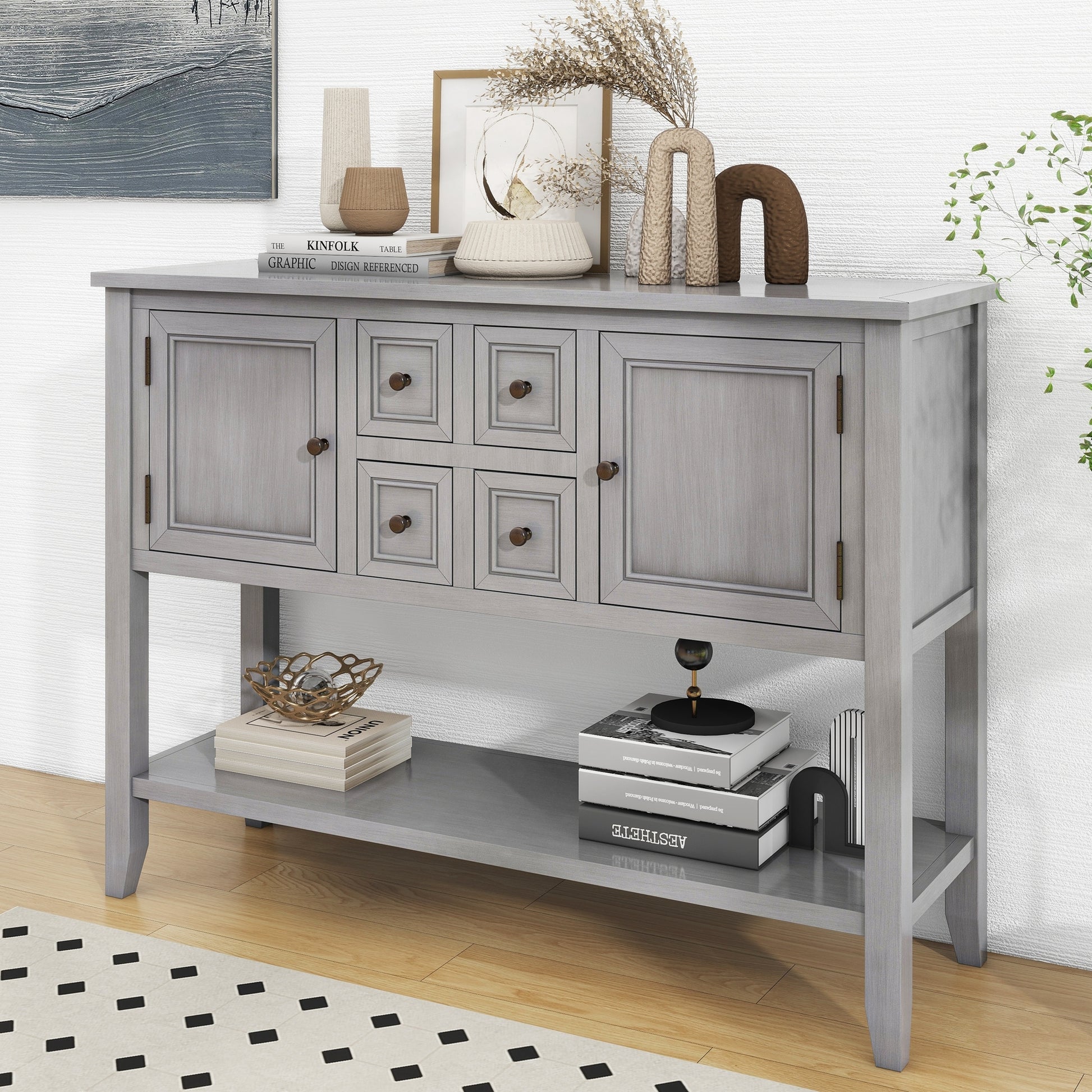 Cambridge Series Large Storage Vintage Console Table With Four Small Drawers And Bottom Shelf For Living Rooms, Entrances And Kitchens Antique Gray, Old Sku: Wf190263Aae Antique Gray Solid Wood Mdf