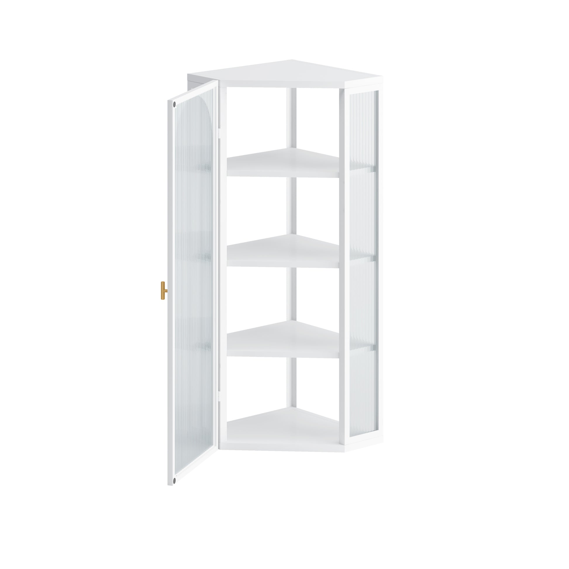 Glass Door Wall Mounted Corner Cabinet With Featuring Four Tier Storage For Bedroom, Living Room, Bathroom, Kitchen, White White Metal