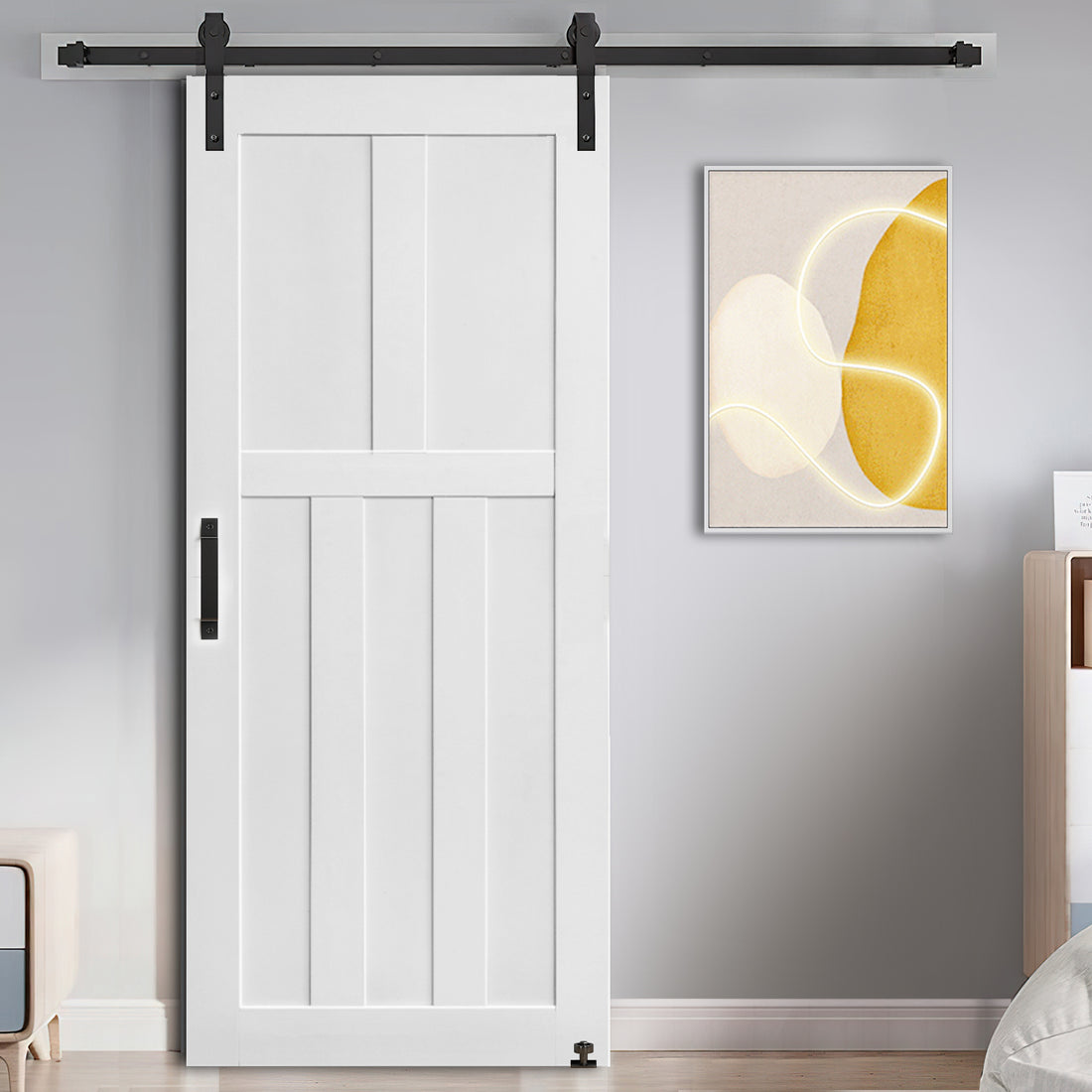 36" X 84" Five Panel Real Primed Door Slab 6.6Ft Barn Door Sliding Hardware Adjustable Floor Guider Pull Handle, Diy Unfinished Paneled Door, Modern Interior Barn Door, Moisture Proof White Mdf