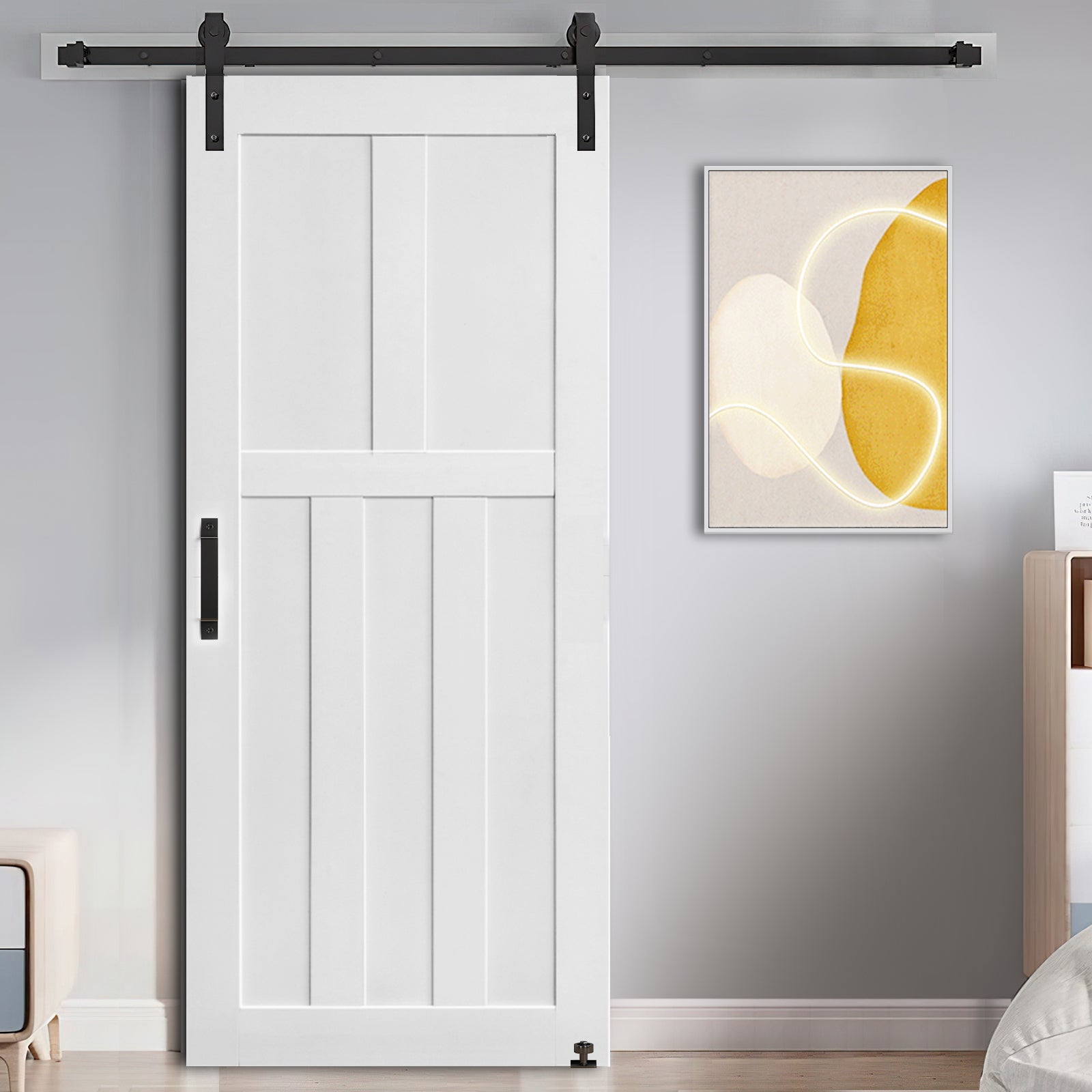 30" X 80" Five Panel Real Primed Door Slab 6.6Ft Barn Door Sliding Hardware Adjustable Floor Guider Pull Handle, Diy Unfinished Paneled Door, Modern Interior Barn Door, Moisture Proof White Mdf