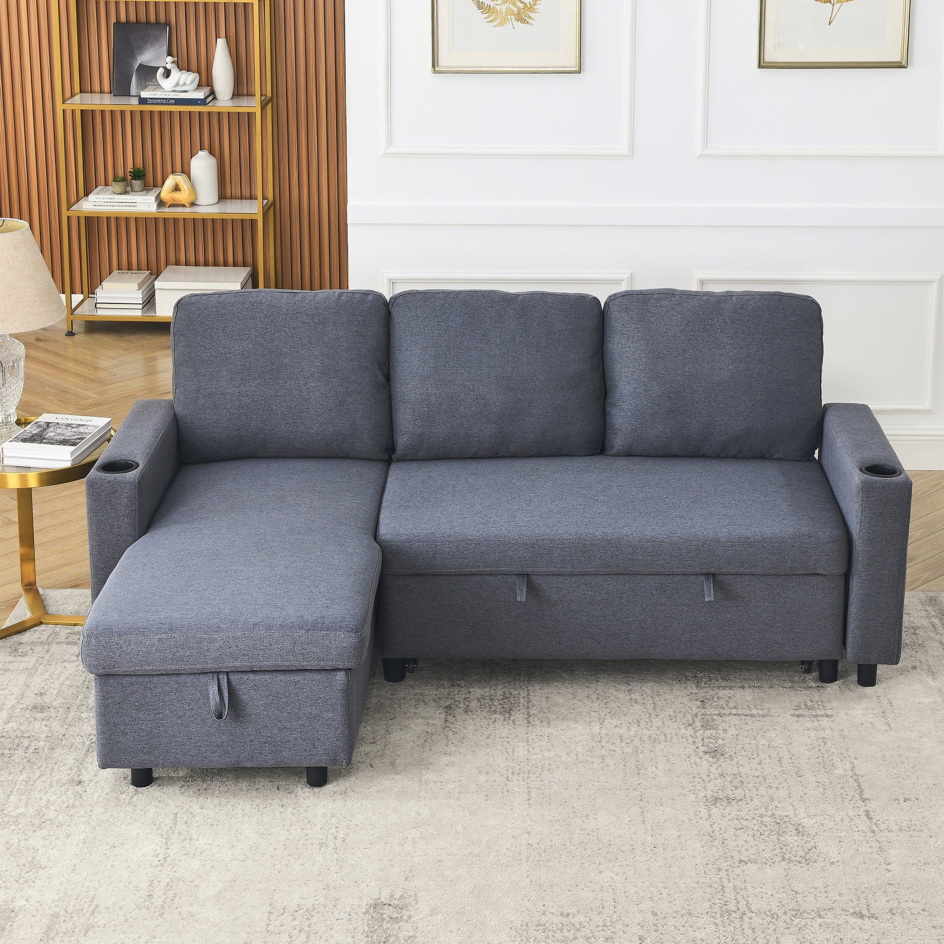Fx78.7"Comfortable Linen L Shaped Combo Sofa Sofa Bed, Living Room Furniture Sets For Tight Spaces, Reversible Sleeper Combo Sofa With Pullout Bed,Reversible Sofa Bed For Living Room, Office, Apartmen Dark Gray Linen Wood Primary Living Space Foam Fabric