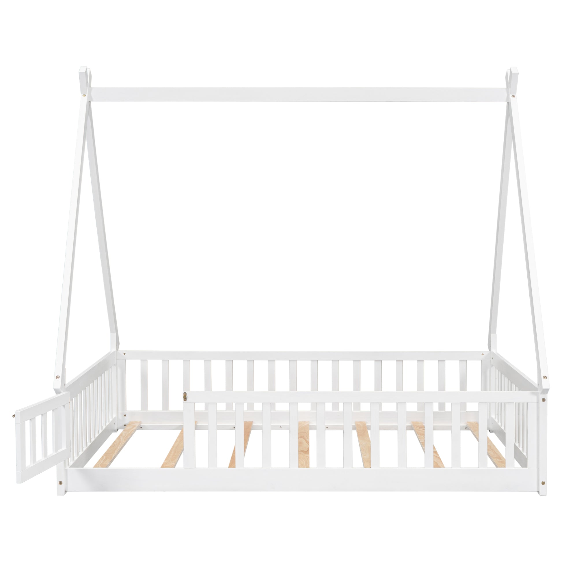 Full Tent Shaped Floor Bed, With Guardrails, Slats, Door ,White Full White Wood Bedroom American Design Pine Bed Frame Pine
