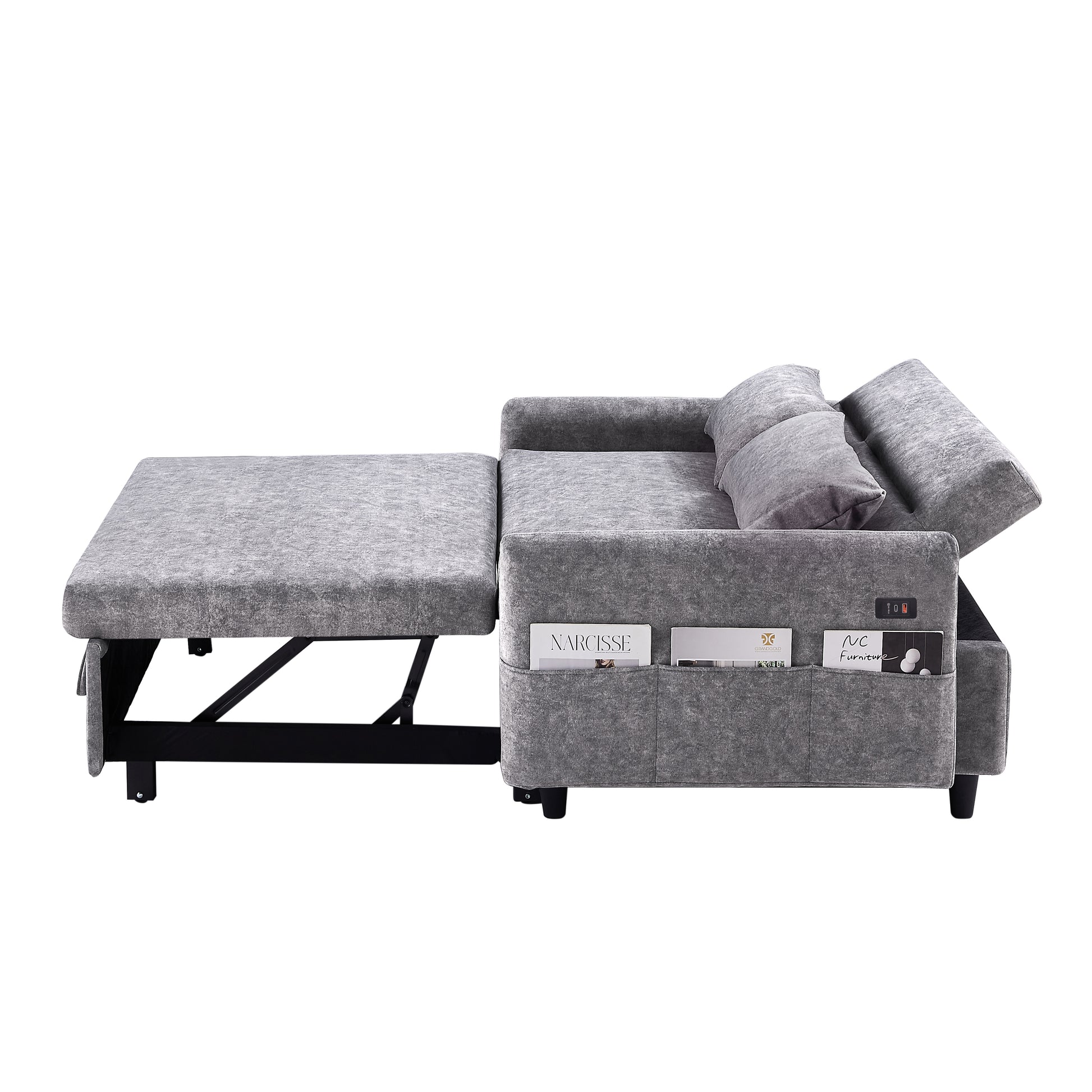55.1" Pull Out Sleep Sofa Bed Loveseats Sofa Couch With Adjsutable Backrest, Storage Pockets, 2 Soft Pillows, Usb Ports For Living Room, Bedroom, Apartment, Office,Grey Old Sku:Wf315689Aae Grey Foam Microfiber 2 Seat