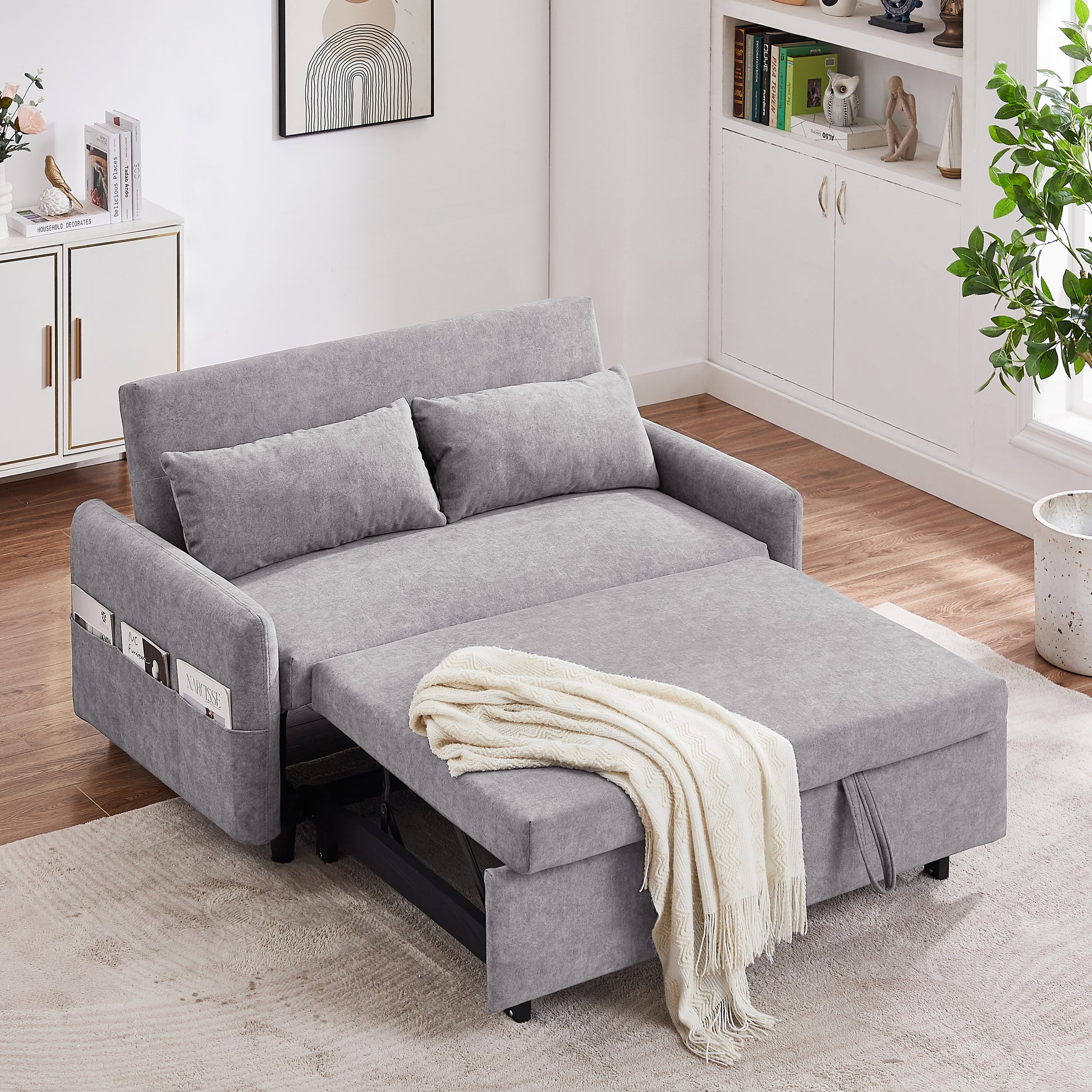 55.1" Pull Out Sleep Sofa Bed Loveseats Sofa Couch With Adjsutable Backrest, Storage Pockets, 2 Soft Pillows, Usb Ports For Living Room, Bedroom, Apartment, Office,Grey Old Sku:Wf315689Aae Grey Foam Microfiber 2 Seat