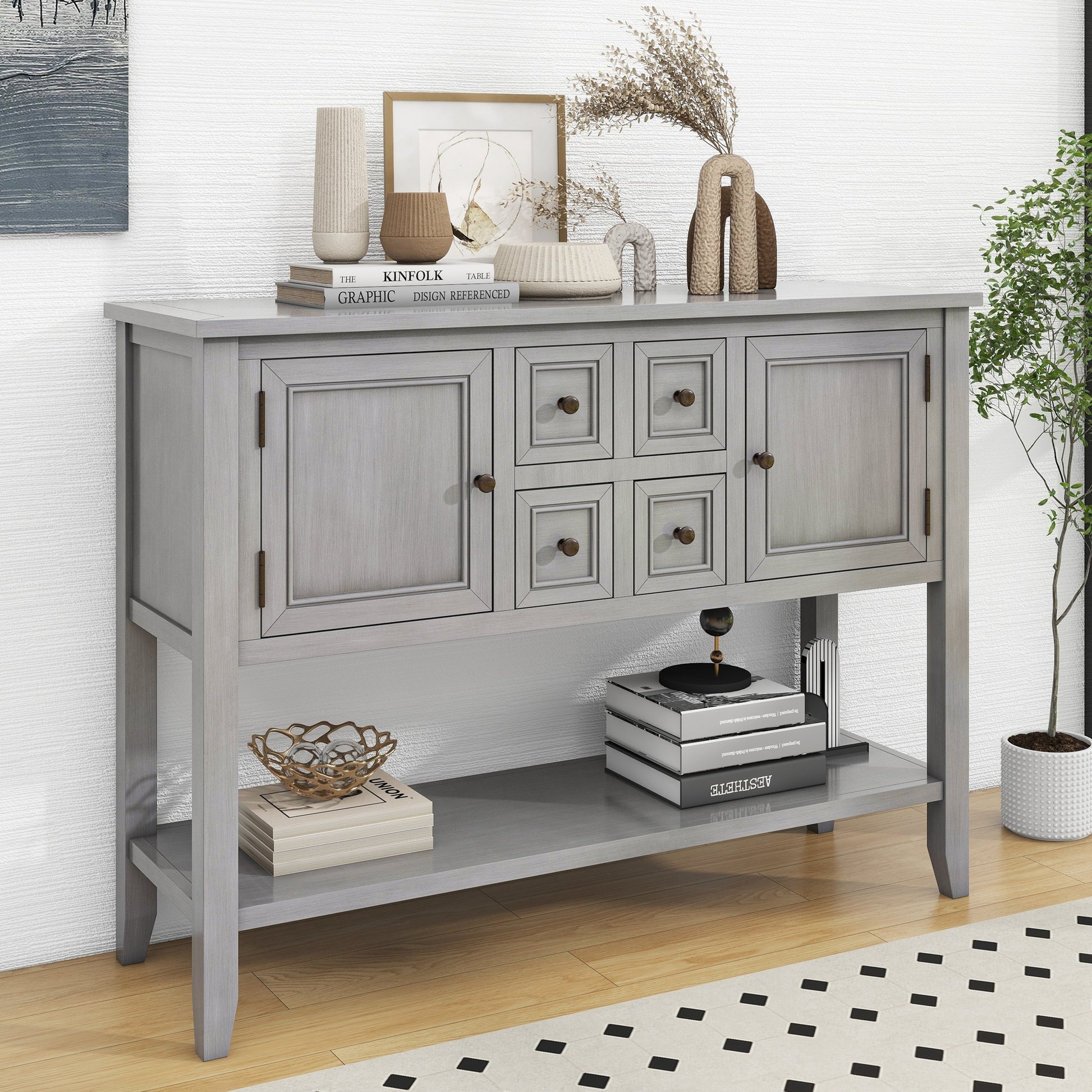 Cambridge Series Large Storage Vintage Console Table With Four Small Drawers And Bottom Shelf For Living Rooms, Entrances And Kitchens Antique Gray, Old Sku: Wf190263Aae Antique Gray Solid Wood Mdf