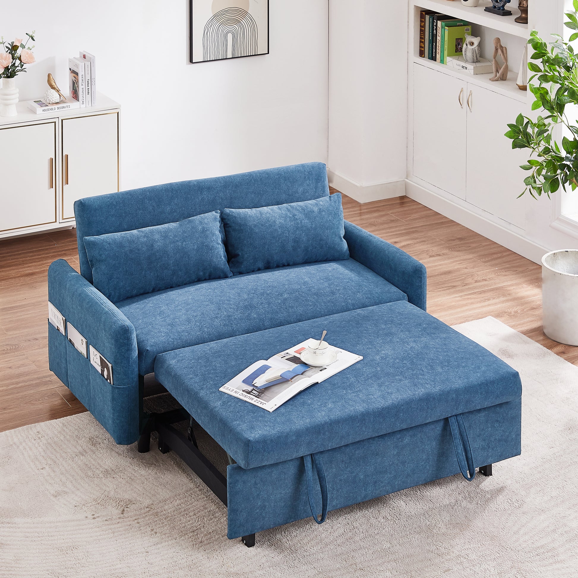 55.1" Pull Out Sleep Sofa Bed Loveseats Sofa Couch With Adjsutable Backrest, Storage Pockets, 2 Soft Pillows, Usb Ports For Living Room, Bedroom, Apartment, Office, Blue Old Sku: Wf315689Aac Blue Foam Microfiber 2 Seat