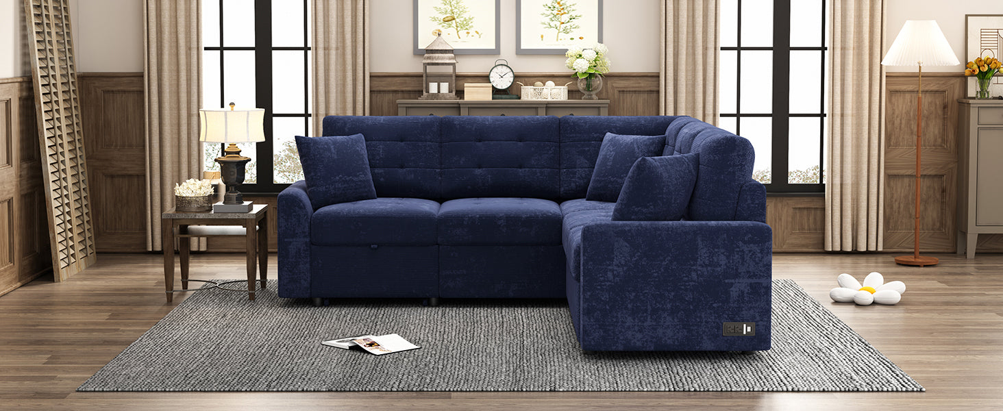 82.6" L Shape Sofa Bed Pull Out Sleeper Sofa With Wheels, Usb Ports, Power Sockets For Living Room, Navy Blue Navy Blue Foam Velvet