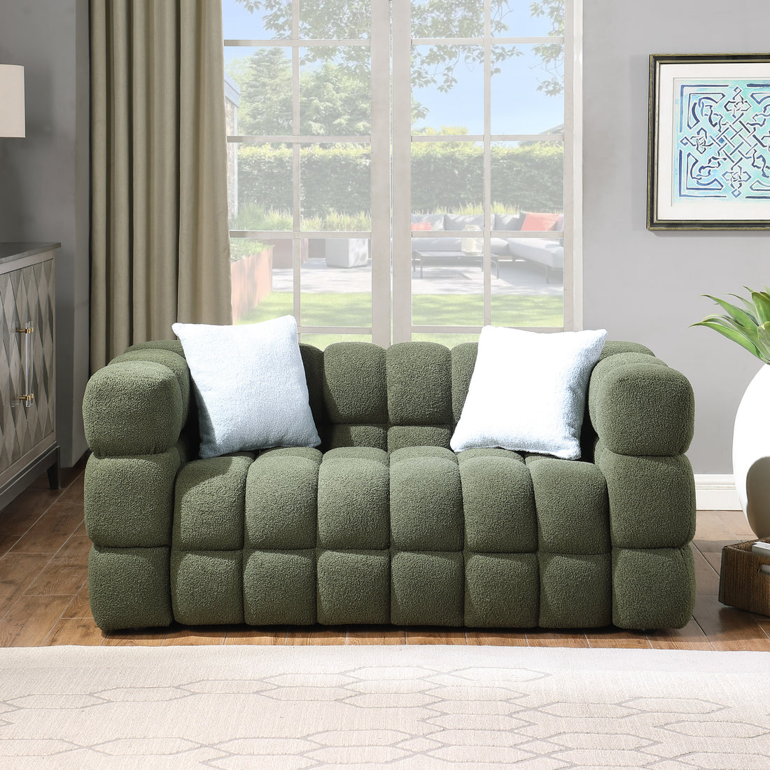 62.2Length ,35.83" Deepth ,Human Body Structure For Usa People, Marshmallow Sofa,Boucle Sofa ,Olive Green 2S Boucle Olive Green Light Brown Wood Primary Living Space Medium Soft Split Back Eucalyptus Square Arms Boucle 2 Seat