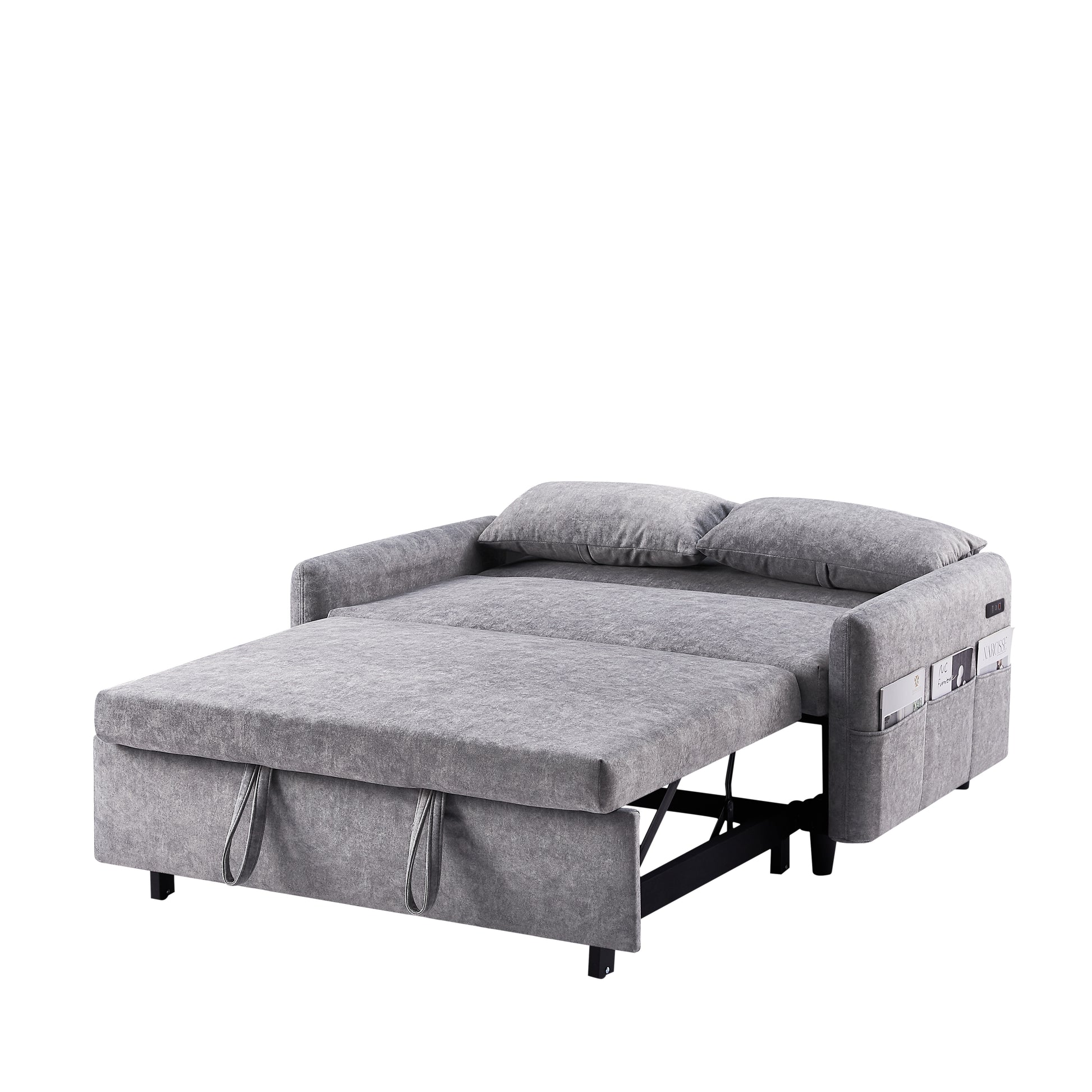 55.1" Pull Out Sleep Sofa Bed Loveseats Sofa Couch With Adjsutable Backrest, Storage Pockets, 2 Soft Pillows, Usb Ports For Living Room, Bedroom, Apartment, Office,Grey Old Sku Wf307821Aae Grey Foam Microfiber