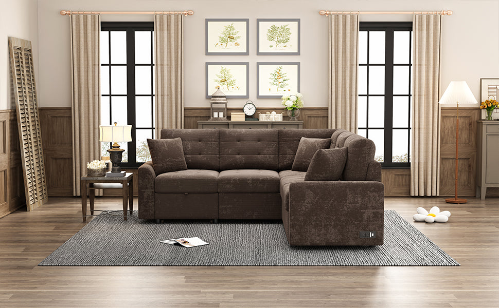 82.6" L Shape Sofa Bed Pull Out Sleeper Sofa With Wheels, Usb Ports, Power Sockets For Living Room, Brown Brown Foam Velvet