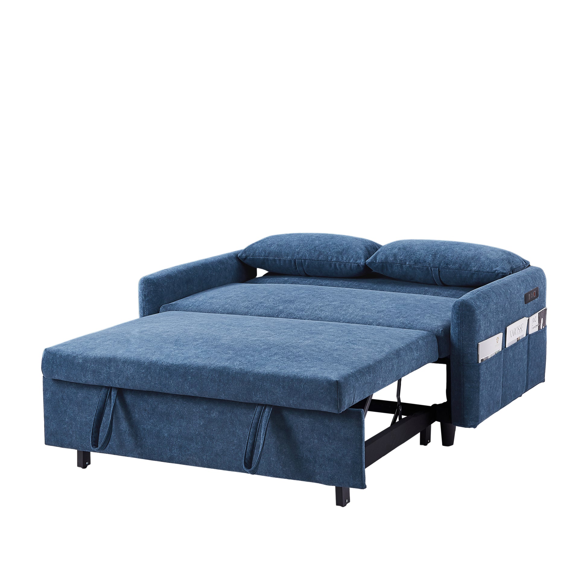 55.1" Pull Out Sleep Sofa Bed Loveseats Sofa Couch With Adjsutable Backrest, Storage Pockets, 2 Soft Pillows, Usb Ports For Living Room, Bedroom, Apartment, Office, Blue Old Sku: Wf315689Aac Blue Foam Microfiber 2 Seat