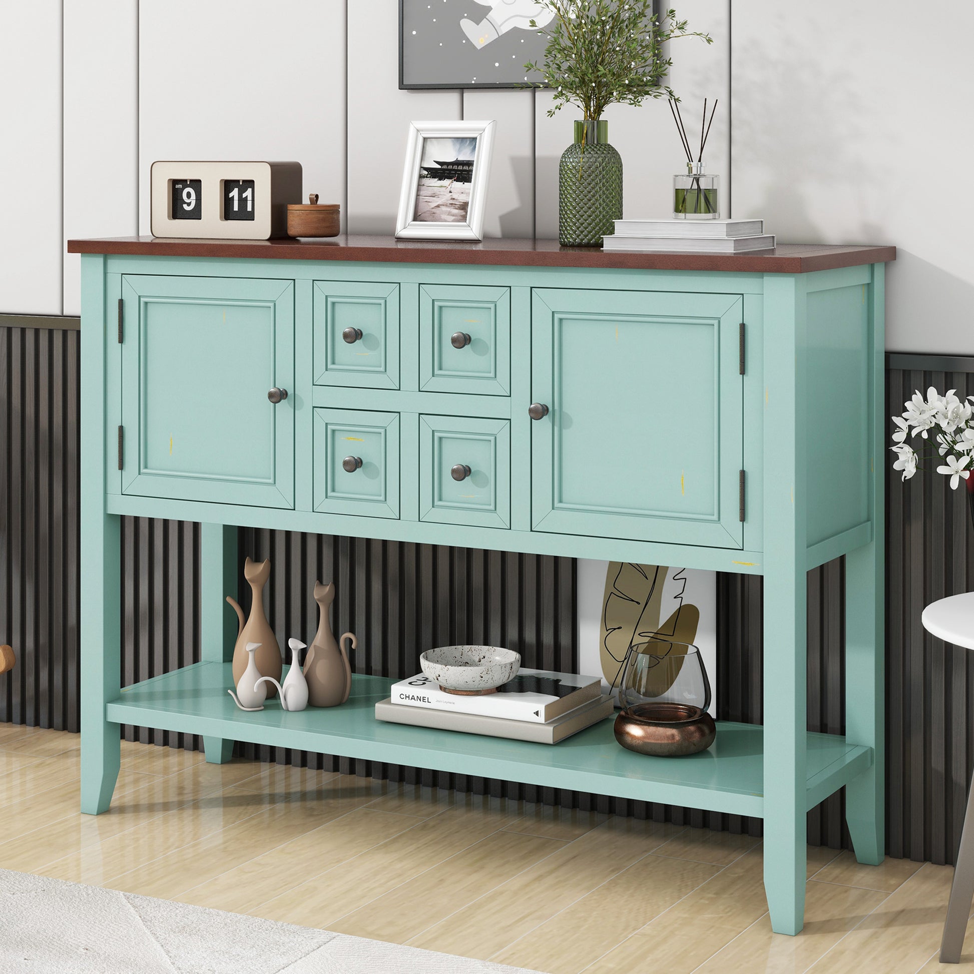 Cambridge Series Large Storage Vintage Console Table With Four Small Drawers And Bottom Shelf For Living Rooms, Entrances And Kitchens Retro Blue, Old Sku: Wf190263Aac Retro Blue Solid Wood Mdf