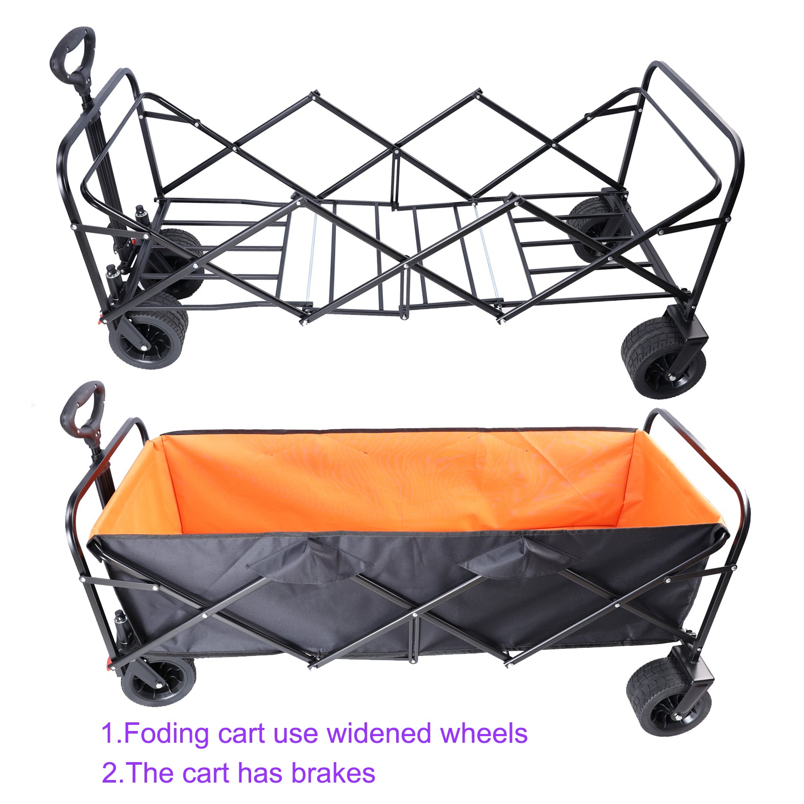 Big Large Capacity Folding Cart Extra Long Extender Wagon Cart Folding Wagon Garden Shopping Beach Cart Black Orange Black Steel