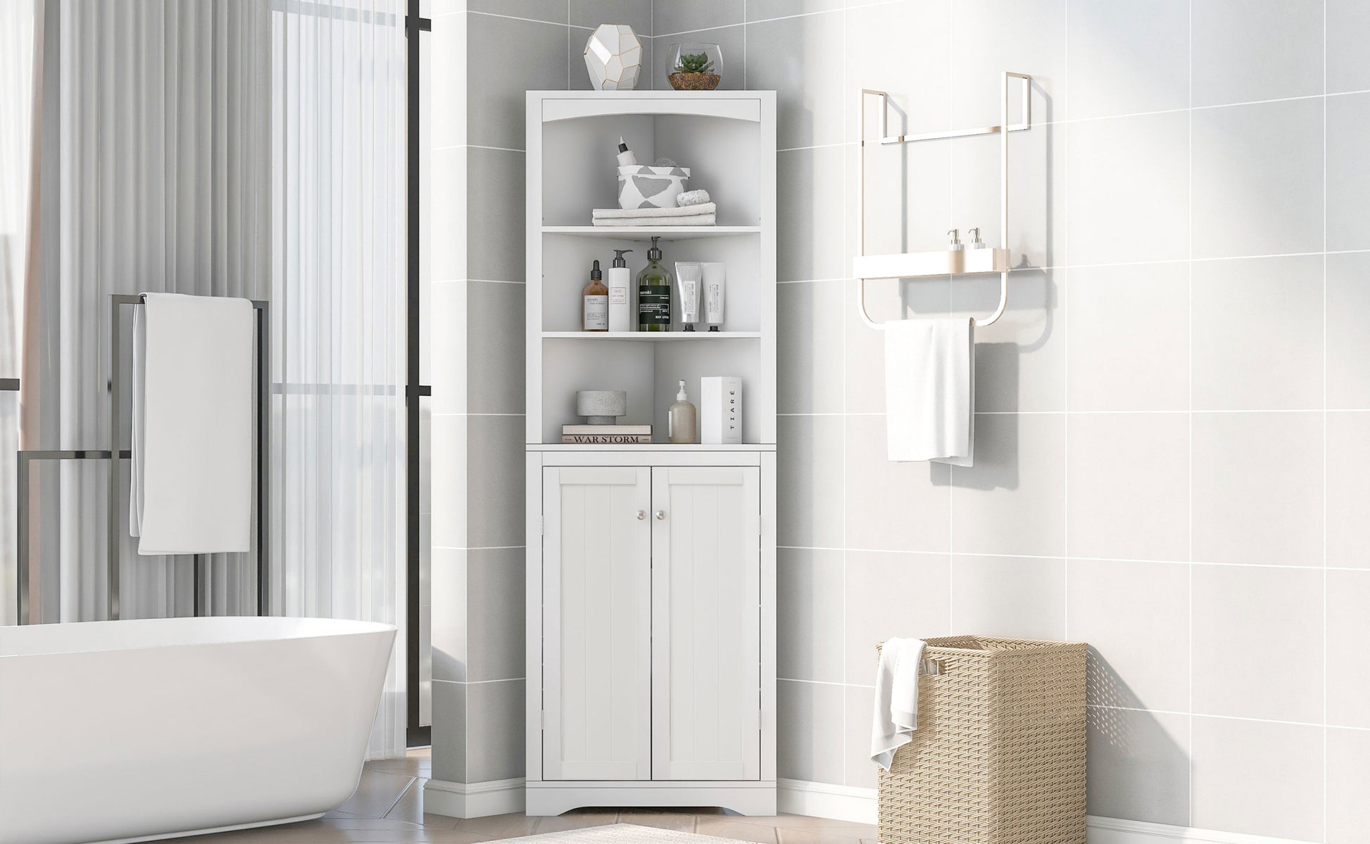 White Bathroom Storage Corner Cabinet with