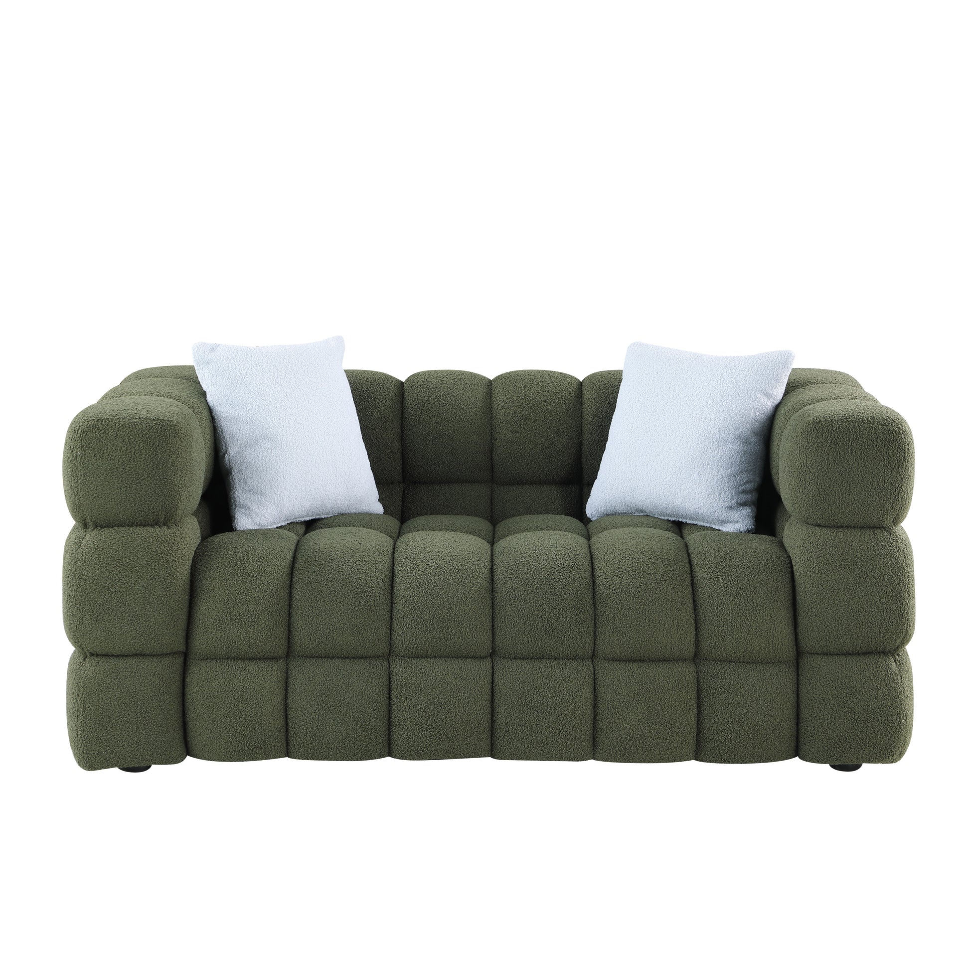 62.2Length ,35.83" Deepth ,Human Body Structure For Usa People, Marshmallow Sofa,Boucle Sofa ,Olive Green 2S Boucle Olive Green Light Brown Wood Primary Living Space Medium Soft Split Back Eucalyptus Square Arms Boucle 2 Seat