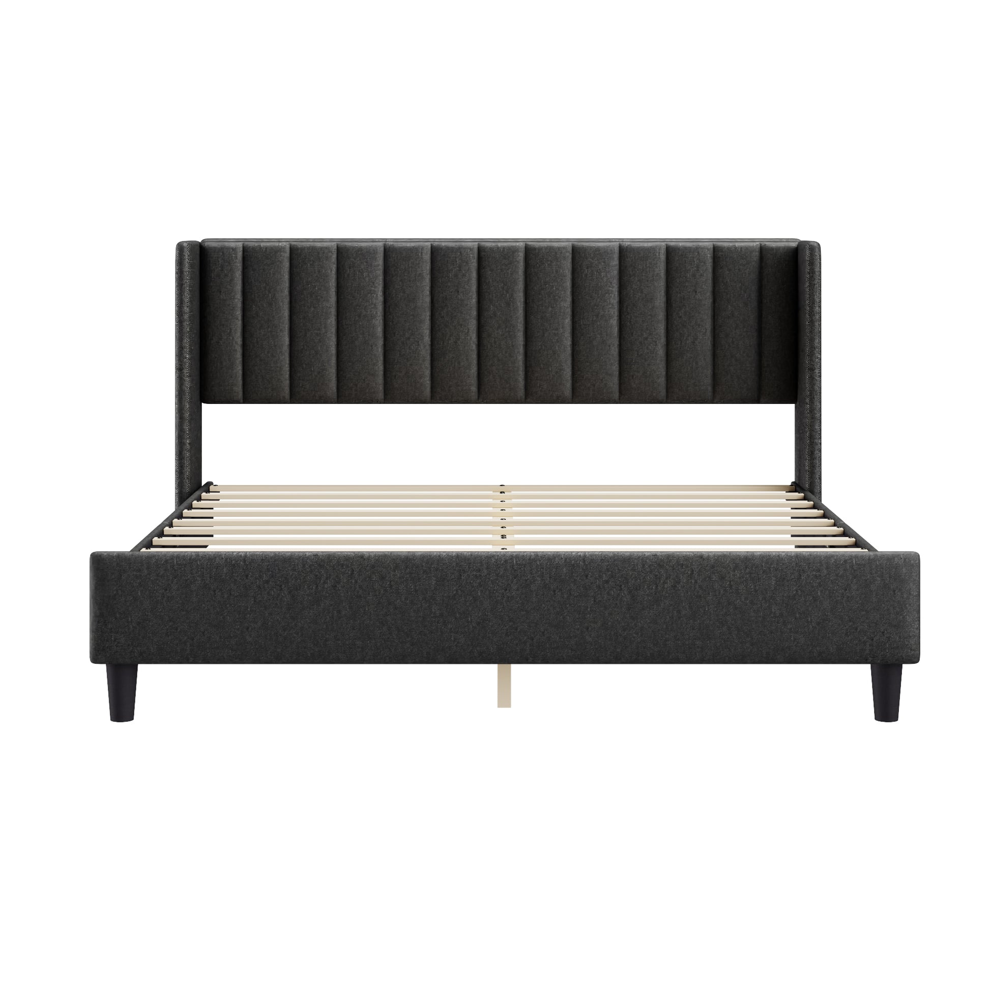 King Size Upholstered Platform Bed Frame With Headboard, Mattress Foundation, Wood Slat Support, Quiet, No Box Spring Needed, Easy To Assemble Black Black Wood