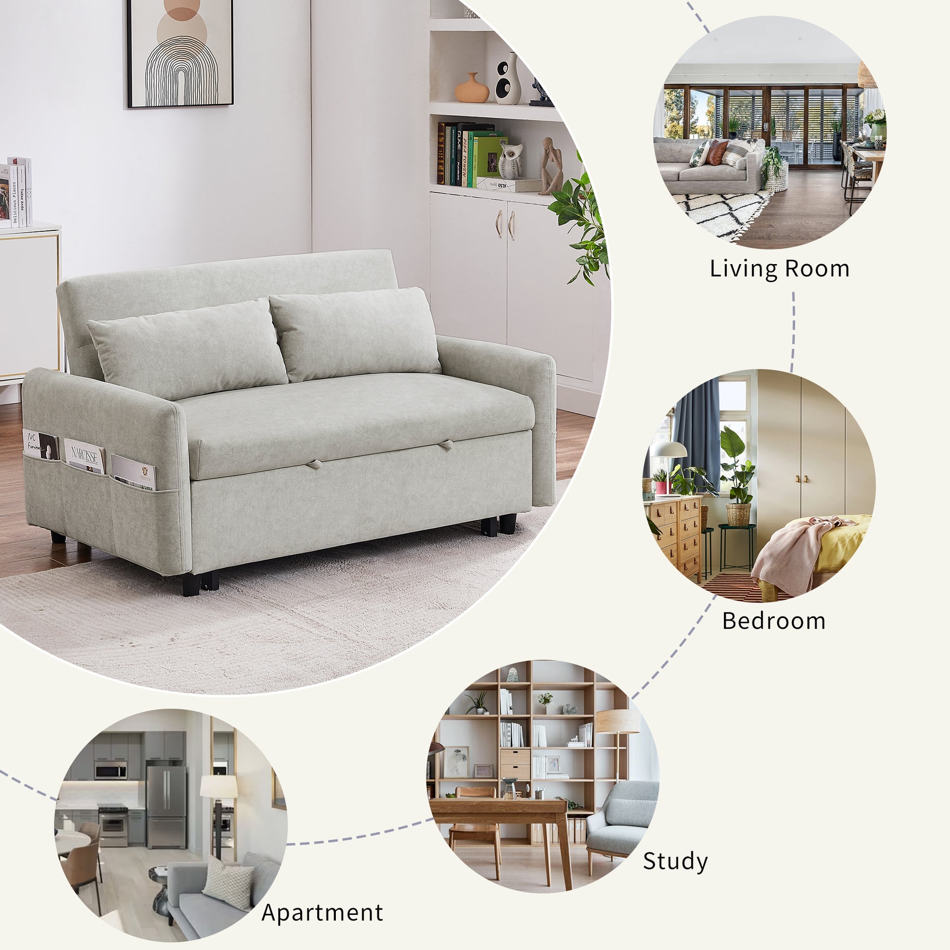 55.1" Pull Out Sleep Sofa Bed Loveseats Sofa Couch With Adjsutable Backrest, Storage Pockets, 2 Soft Pillows, Usb Ports For Living Room, Bedroom, Apartment, Office, Beige Old Sku: Wf315689Aaa Beige Foam Microfiber 2 Seat